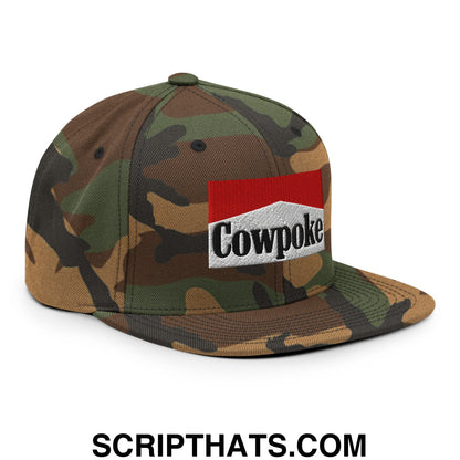Camouflage snapback cap with red and white embroidered cowpoke logo and flat bill brim for casual wear