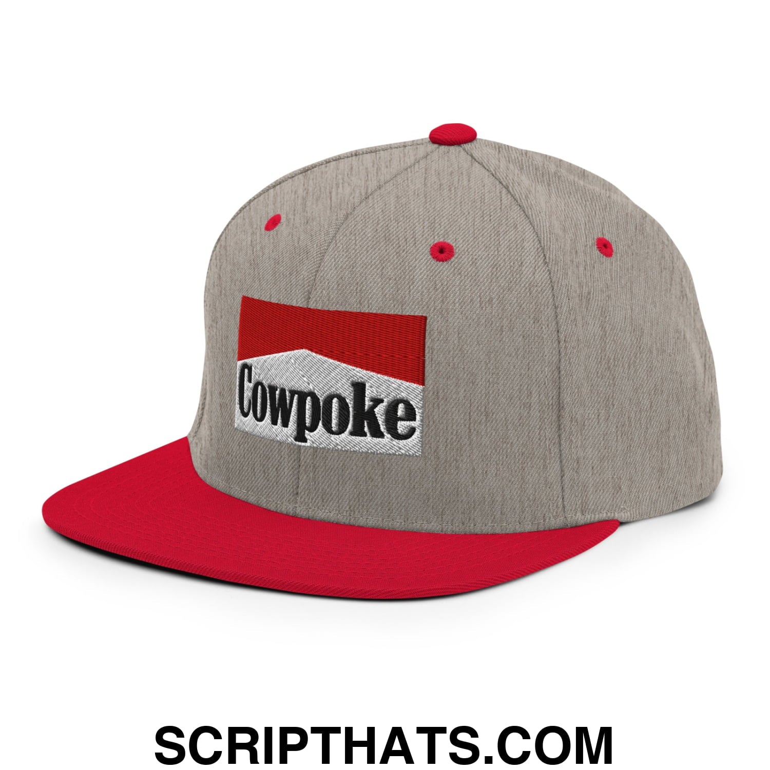 Cowpoke embroidered flat bill brim snapback hat in gray and red with a black cowpoke logo on the front