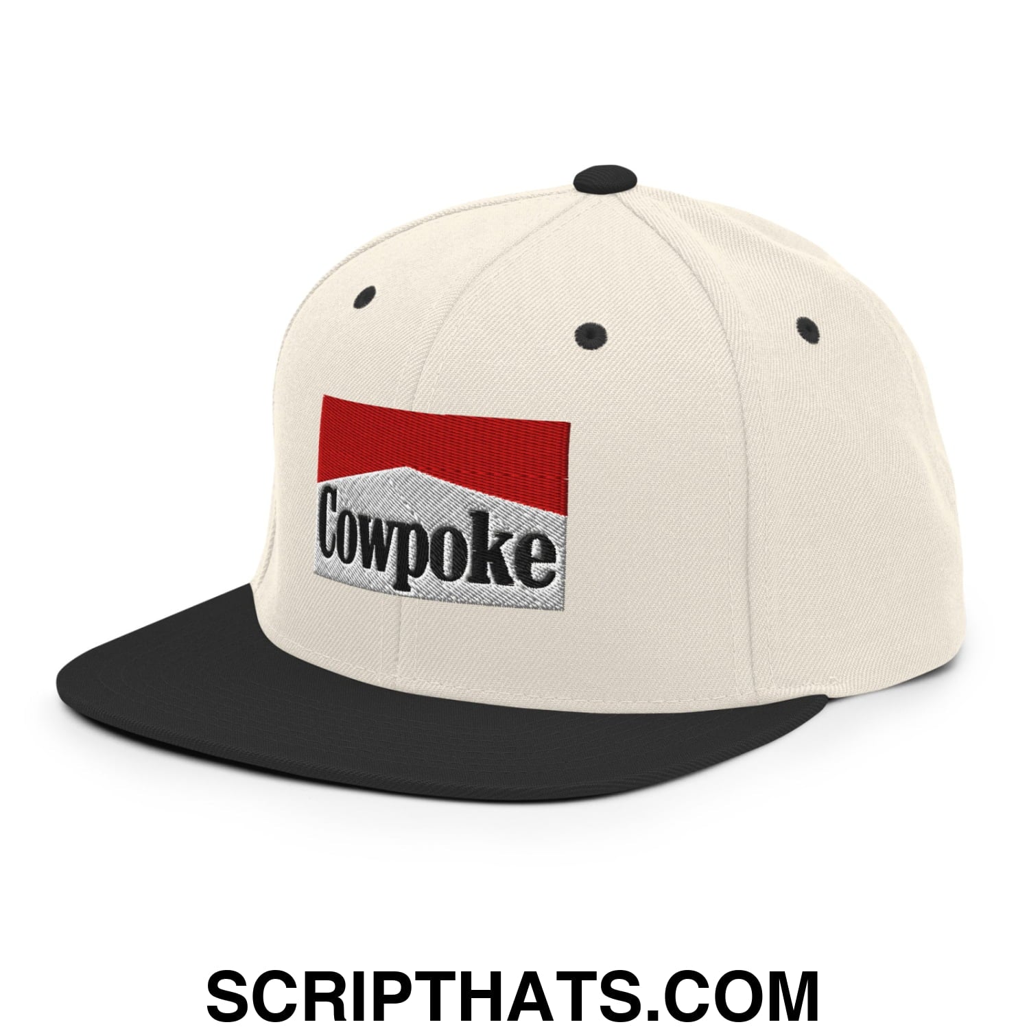 Cream-colored snapback cap with black brim and embroidered cowpoke logo in red white and gray colors