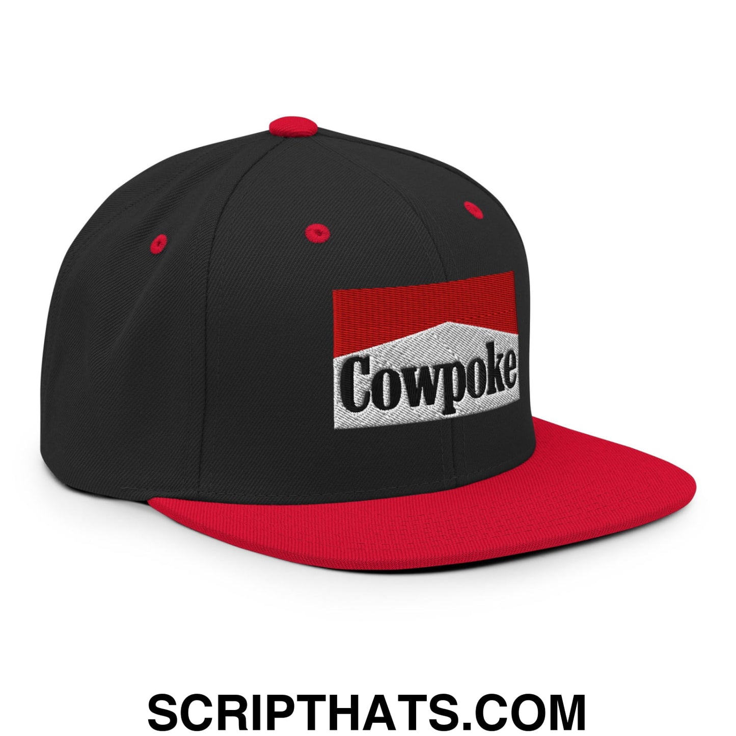 Black and red snapback hat with embroidered cowpoke logo in black on a white background framed by a red rectangle
