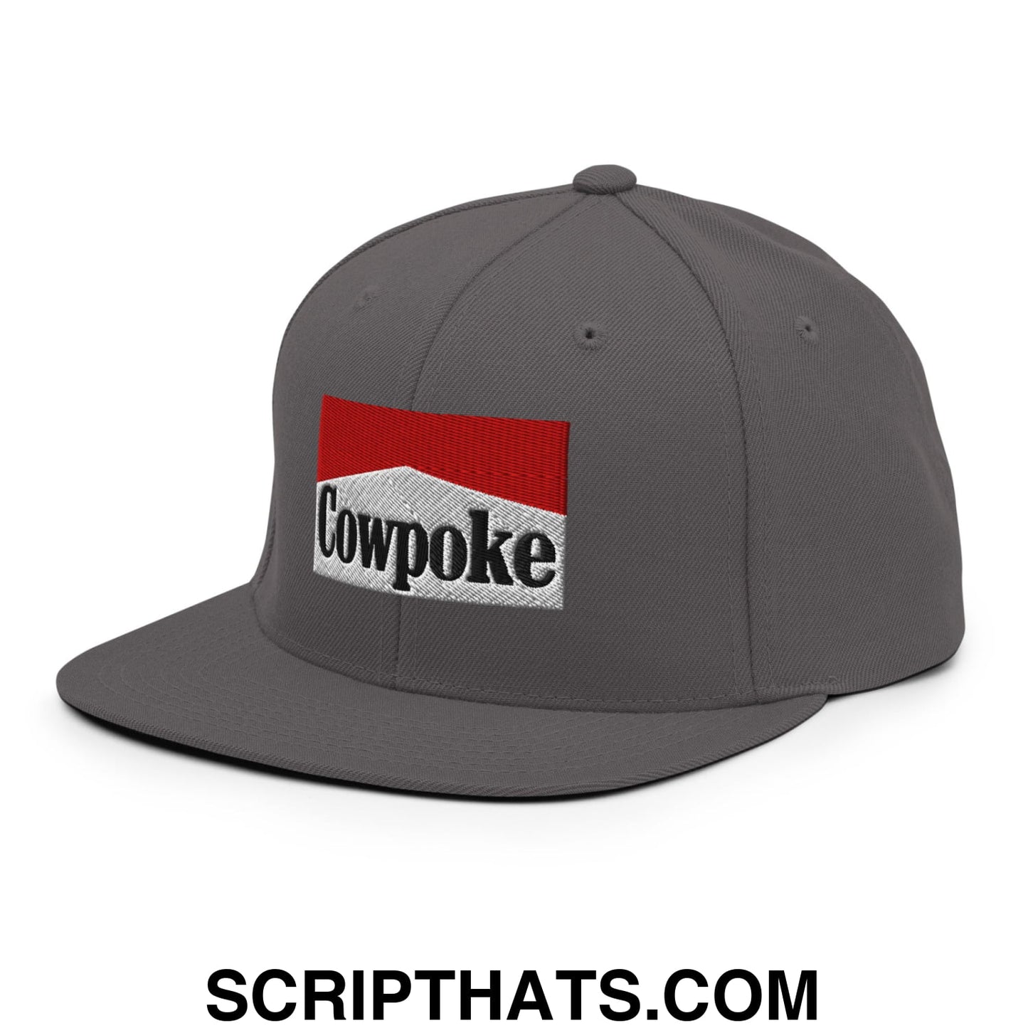 Gray snapback cap with red and white embroidered cowpoke logo and black lettering featuring a flat bill brim