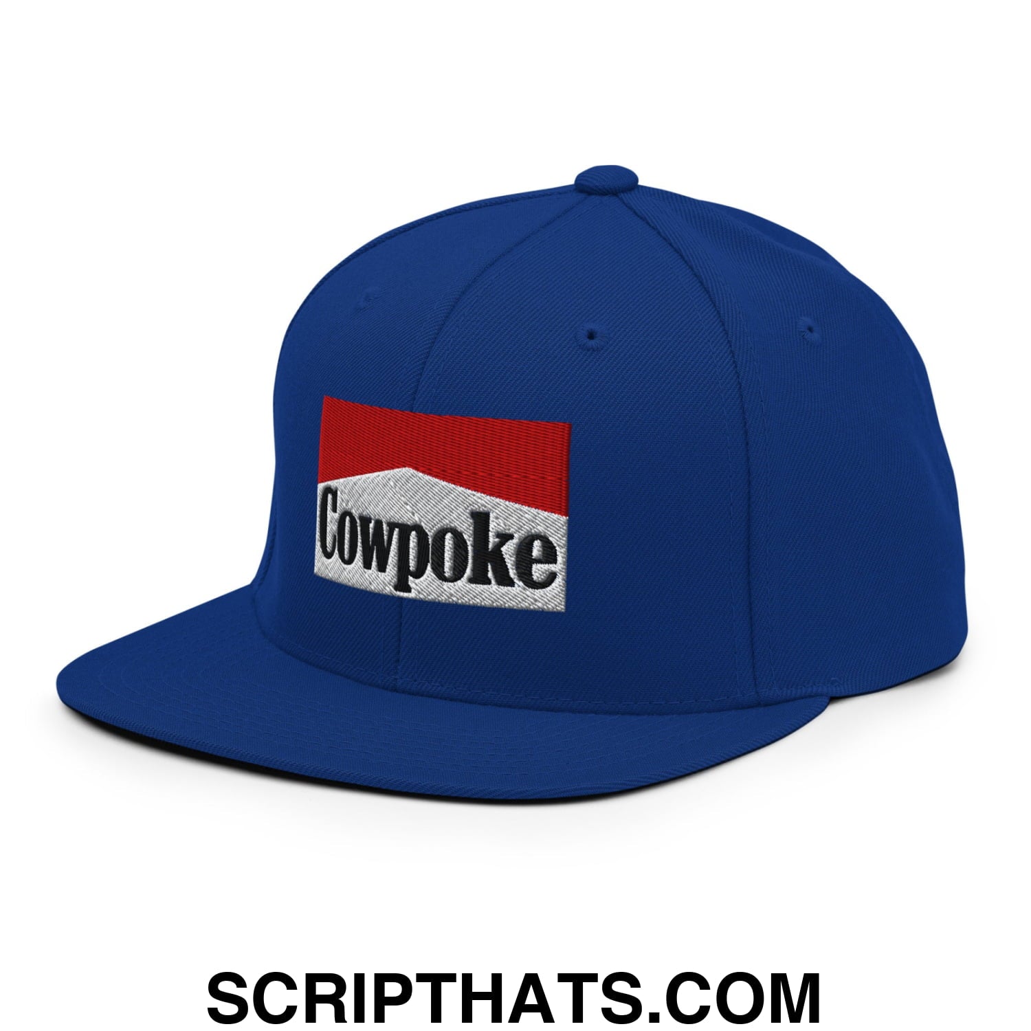 Royal blue snapback hat with a flat bill brim featuring a red and white embroidered Cowpoke logo with black lettering