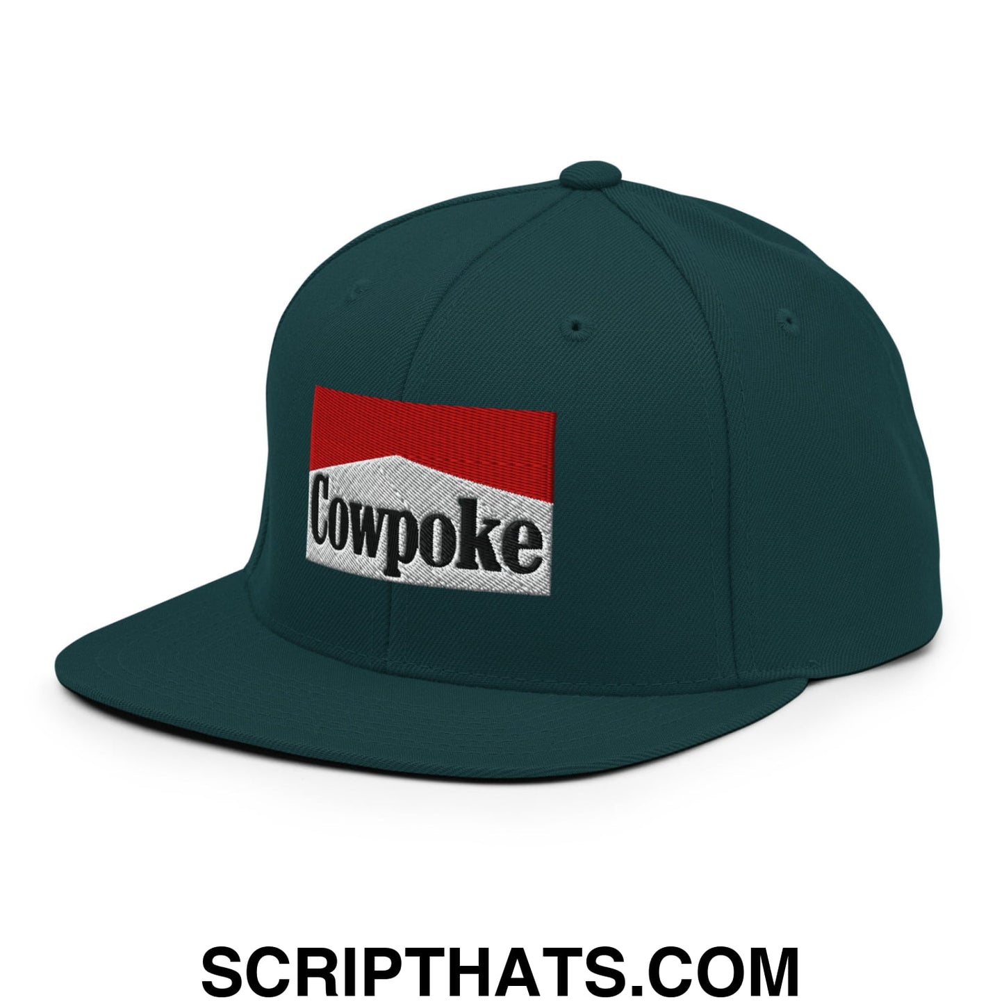 Dark green snapback hat with flat bill and embroidered cowpoke logo in red and white marlboro style design