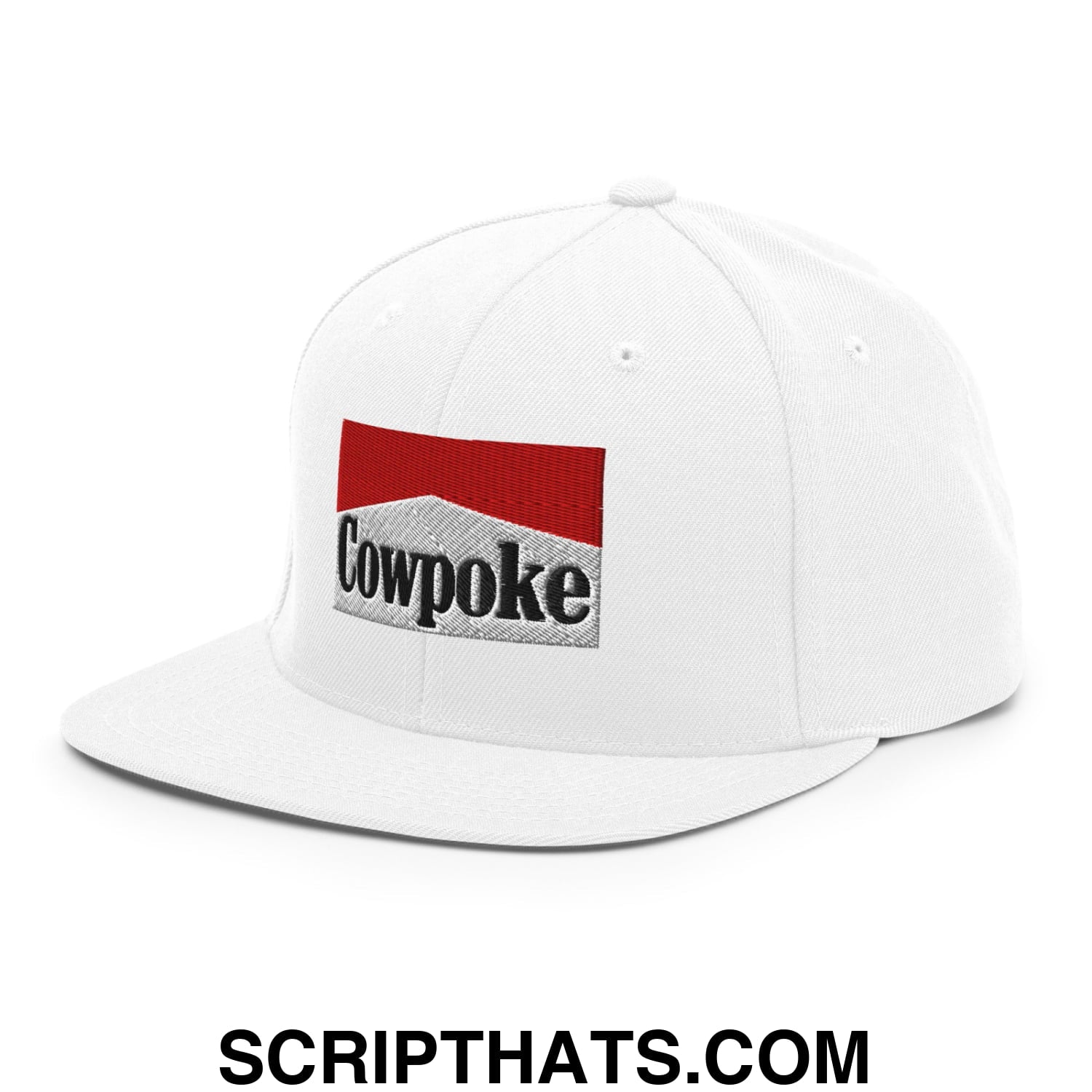 White snapback cap with red and gray embroidered cowpoke logo and black lettering flat bill brim snapback hat