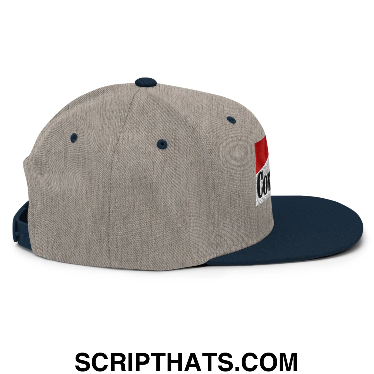 Cowpoke embroidered flat bill snapback hat in gray and navy blue with a red white and black logo patch on the side