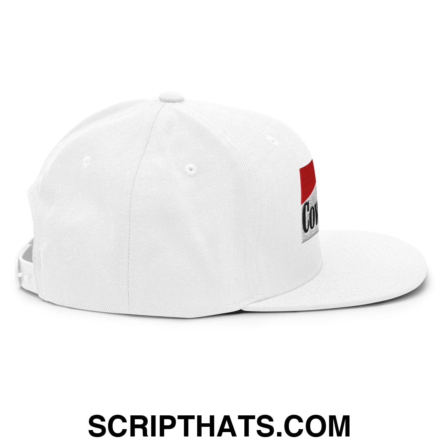 White snapback cap with red and black embroidered cowpoke logo patch on the side and flat bill brim