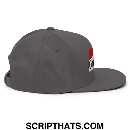 Gray cowpoke embroidered flat bill snapback hat with red and white patch and black embroidered text on the side