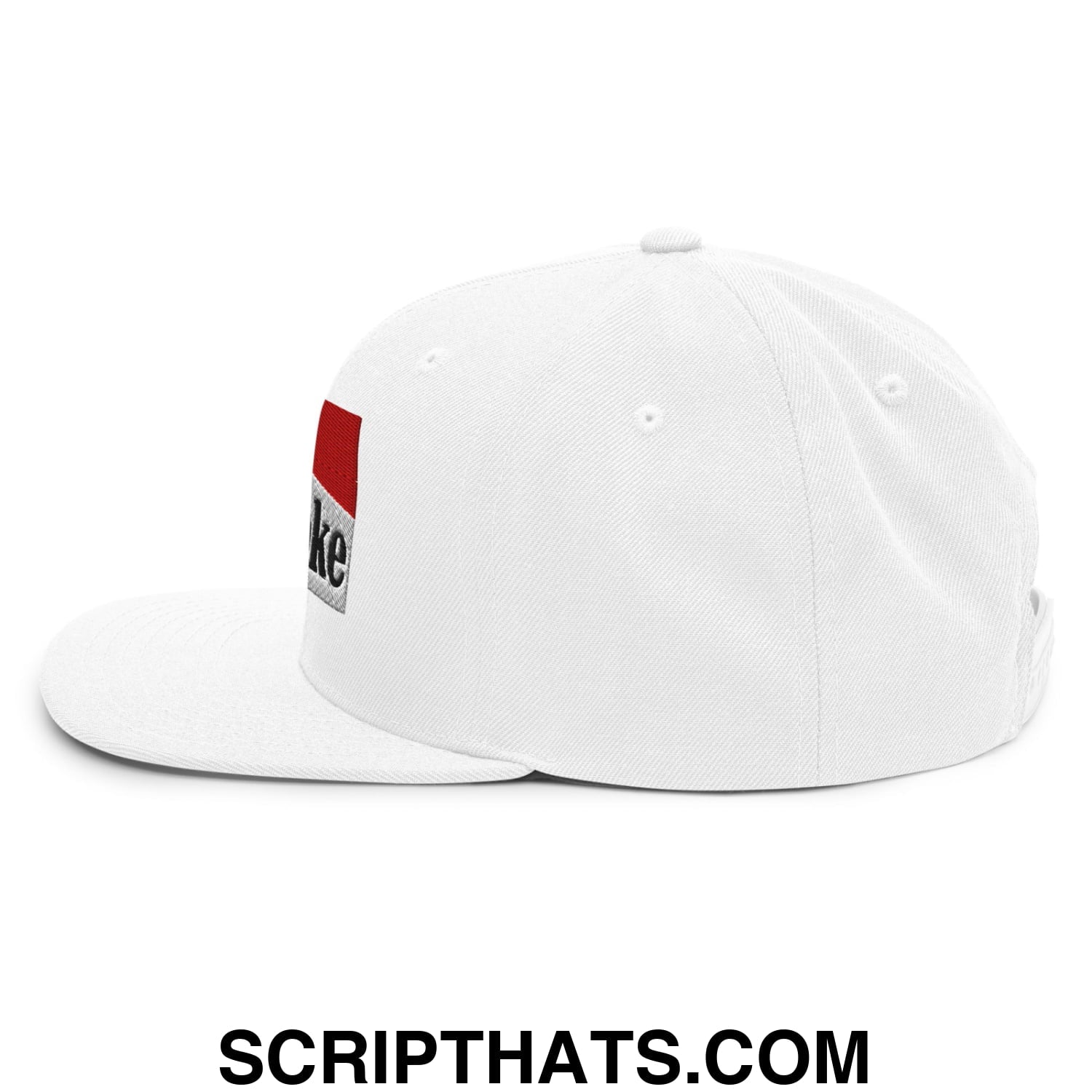 White cowpoke snapback hat with flat bill brim featuring a red and silver patch with black embroidered text on the side