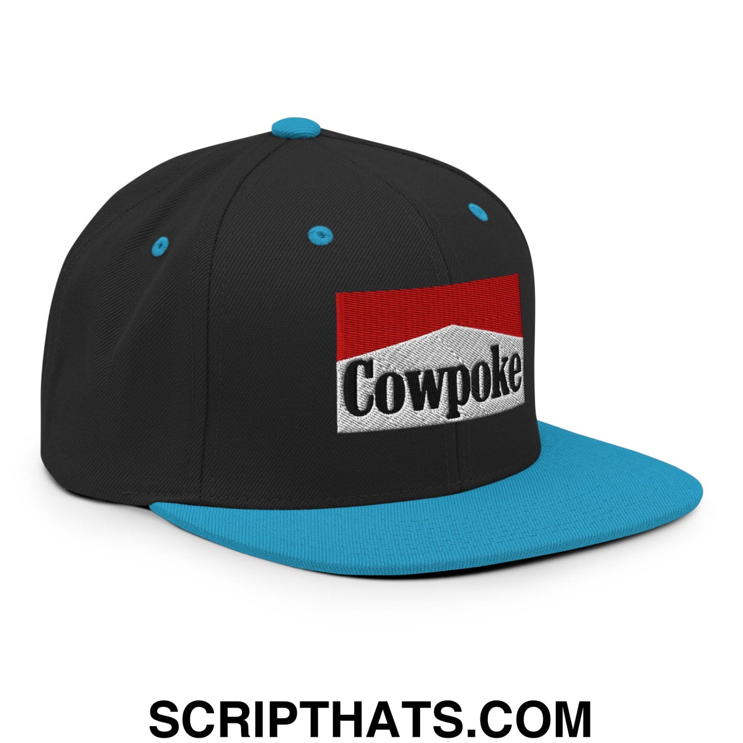 Black and teal snapback cap with red white and black embroidered cowpoke logo and flat bill brim design