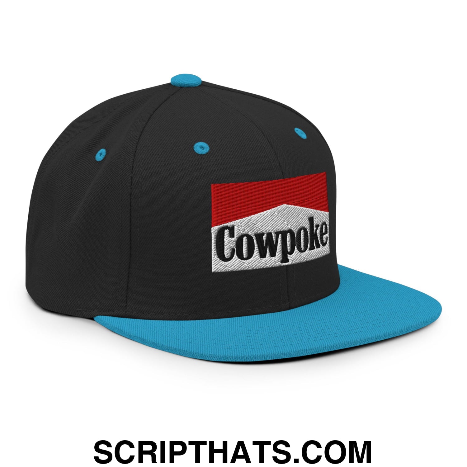 Black and teal snapback cap with red white and black embroidered cowpoke logo and flat bill brim design