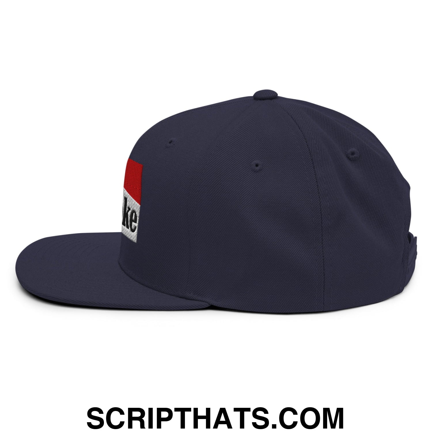 Navy blue cowpoke embroidered flat bill brim snapback hat with red and white logo on the side