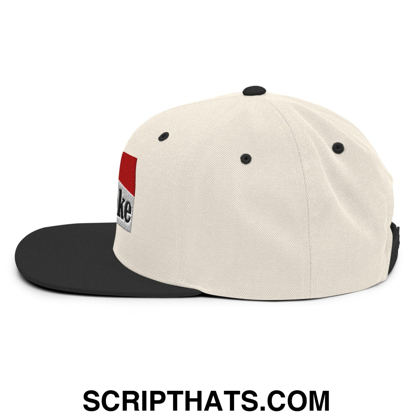 Off-white and black cowpoke embroidered flat bill brim snapback hat with a red and silver logo on the side