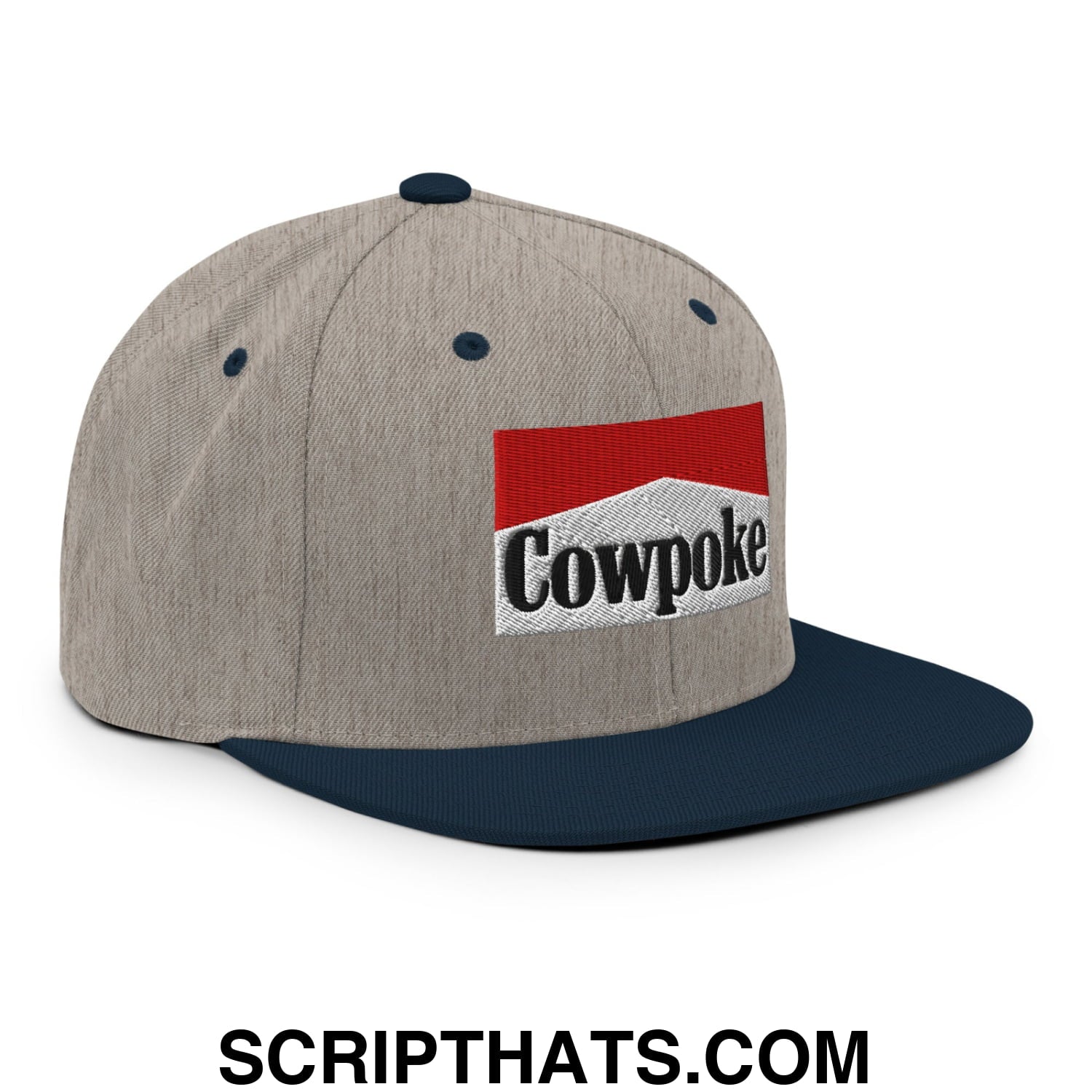 Gray and navy blue snapback hat with red white and black embroidered cowpoke logo and flat bill brim