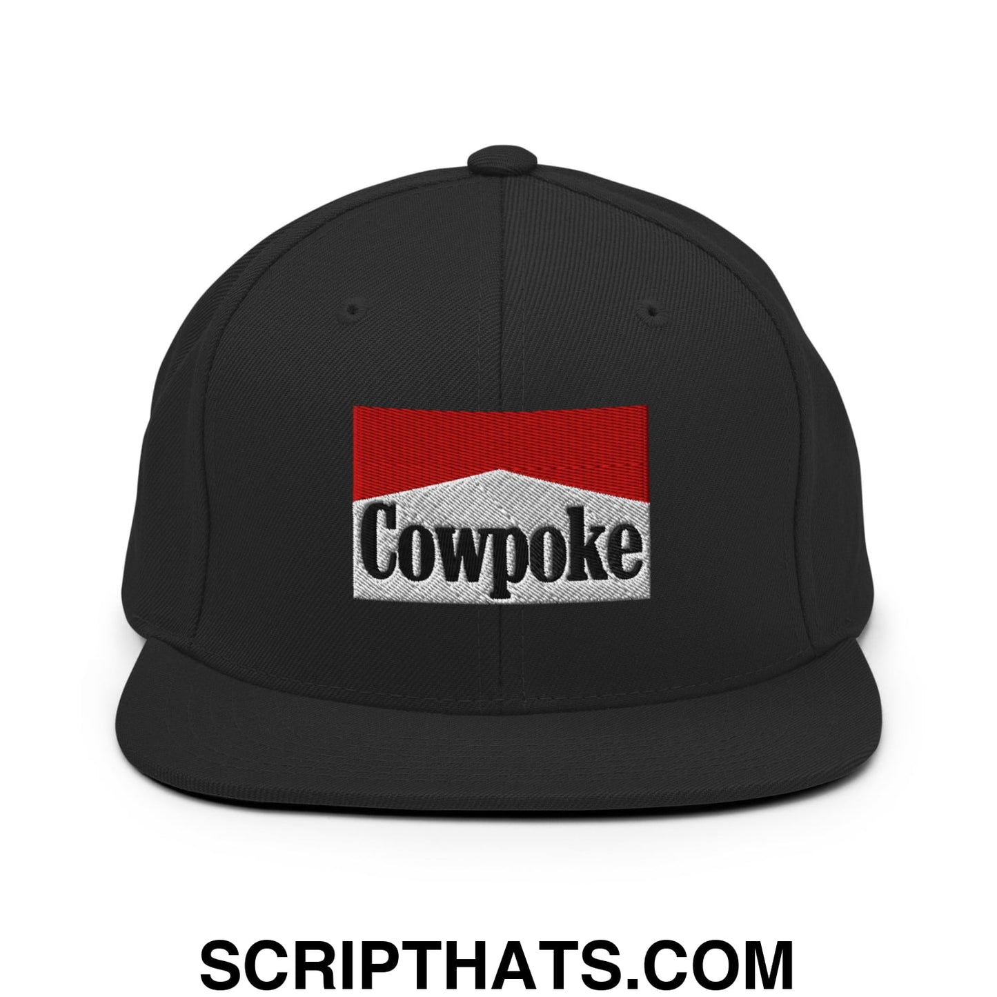 Black snapback cap featuring an embroidered cowpoke logo in red and white inspired by Marlboro branding