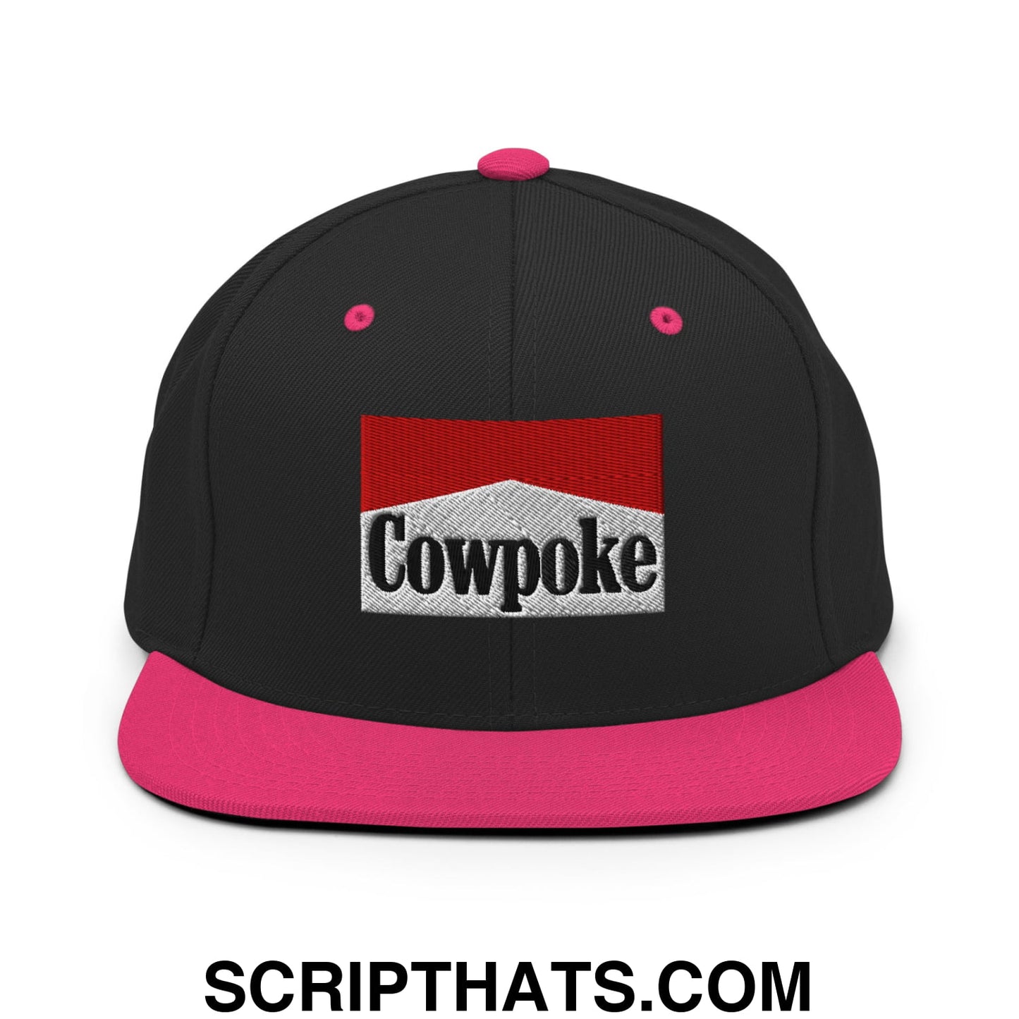 Black snapback cap with vibrant pink flat bill brim and button, embroidered cowpoke logo on silver textured background