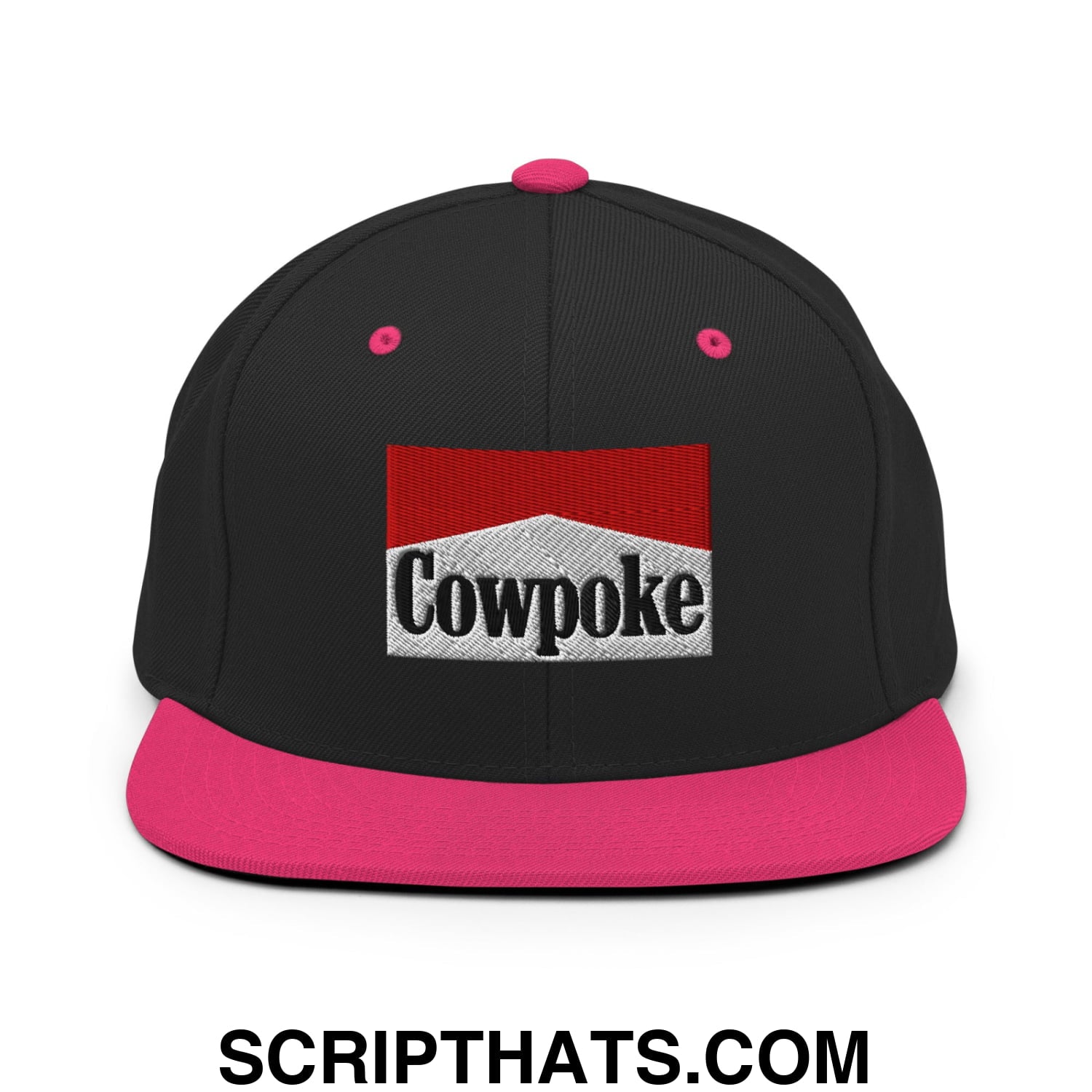 Black snapback cap with vibrant pink flat bill brim and button, embroidered cowpoke logo on silver textured background