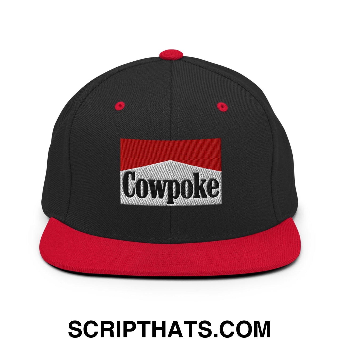 Black snapback cap with flat red brim and embroidered cowpoke logo on white textured patch in red frame