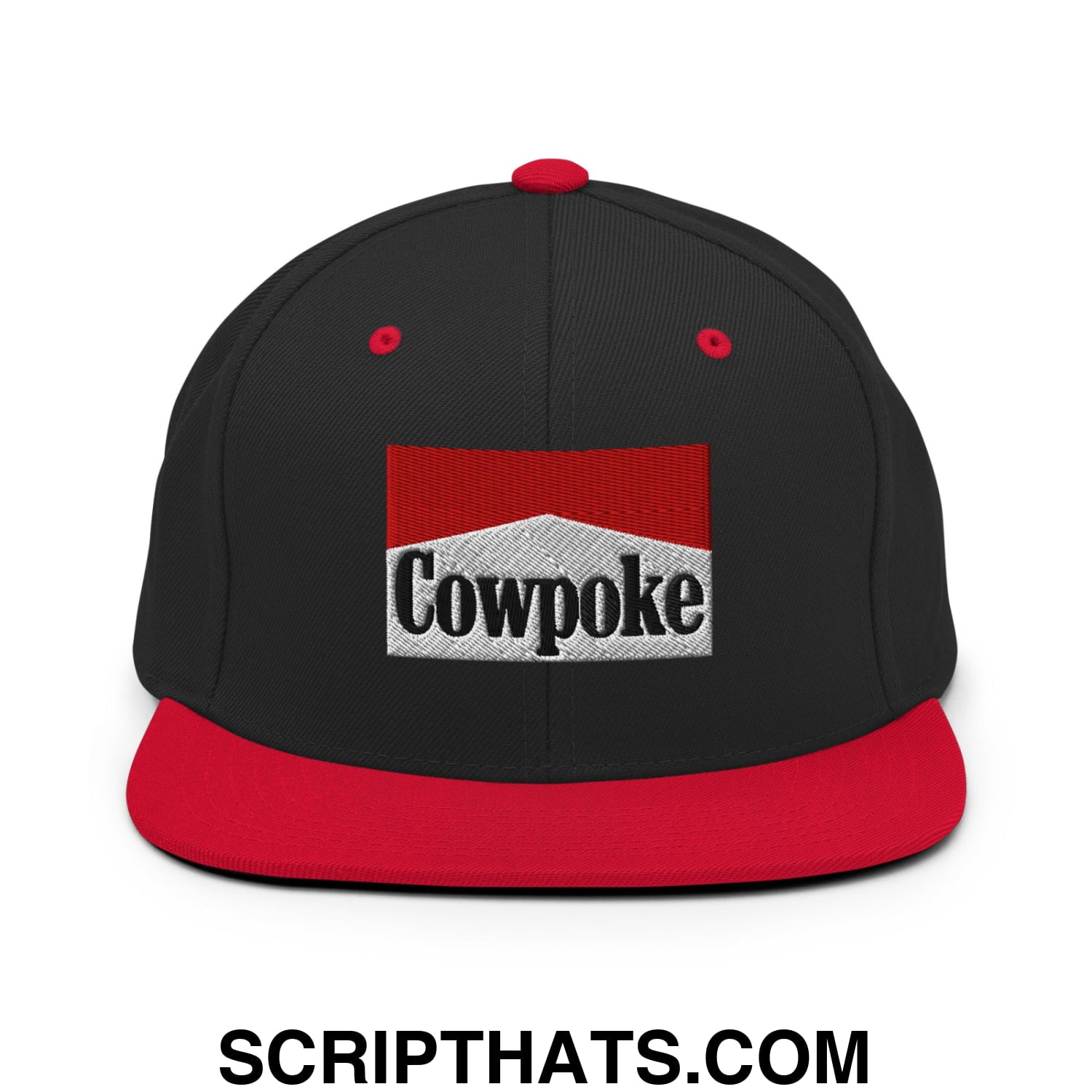 Black snapback cap with flat red brim and embroidered cowpoke logo on white textured patch in red frame