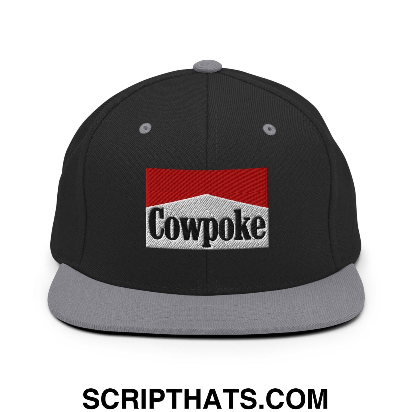 Black snapback hat with gray flat bill and red white black embroidered cowpoke logo on front