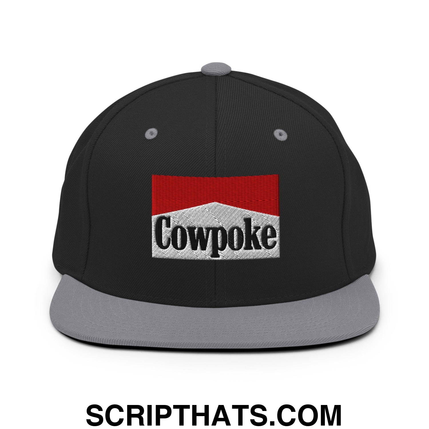 Black snapback hat with gray flat bill and red white black embroidered cowpoke logo on front