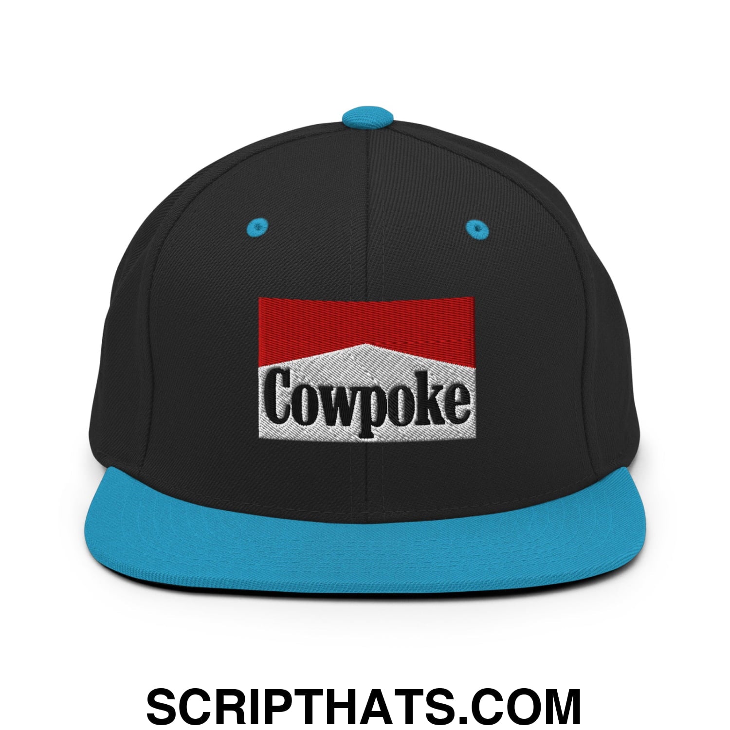 Black snapback cap with teal brim and button featuring embroidered cowpoke logo in red white rectangular design