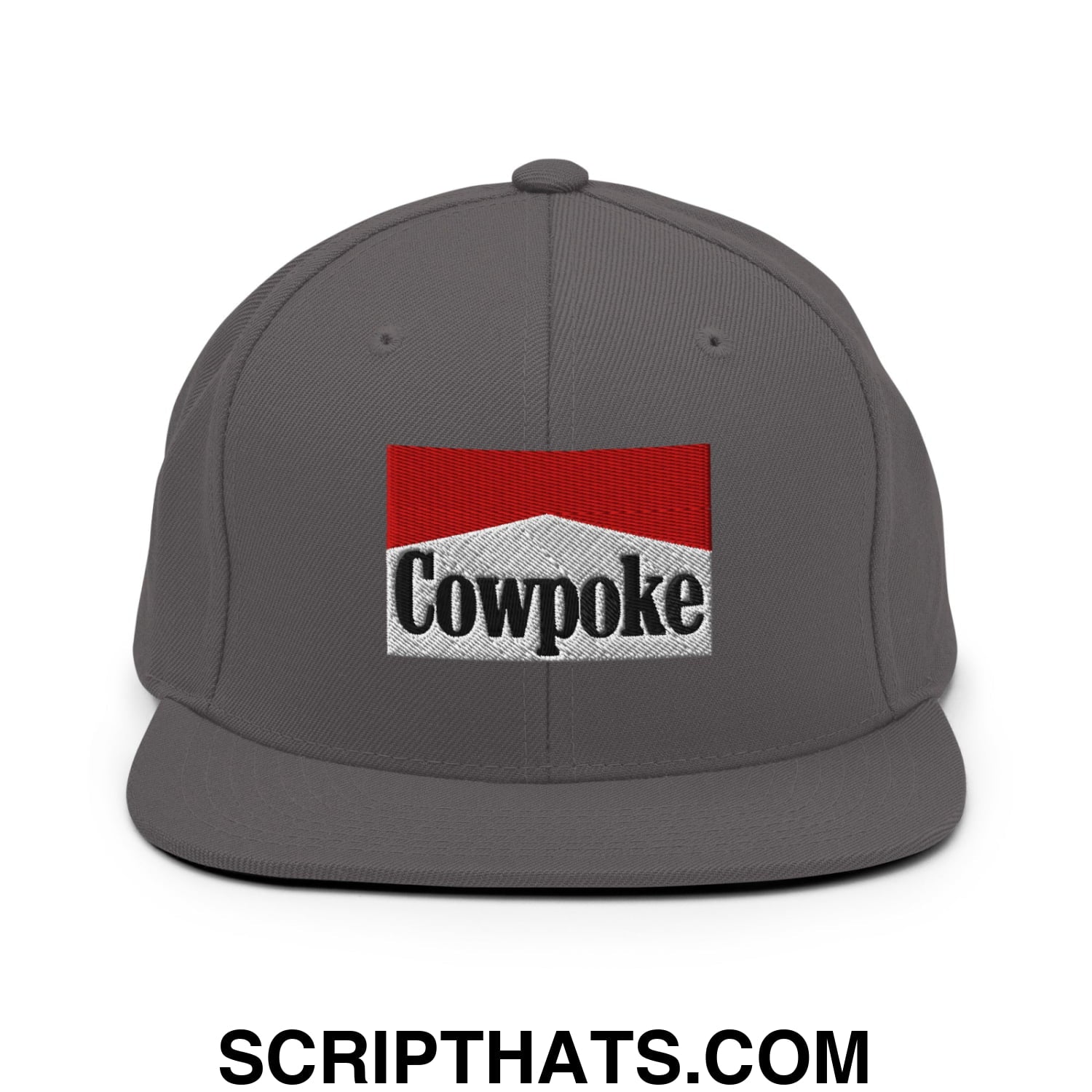 Gray snapback cap with embroidered red and white cowpoke logo inspired by marlboro cigarette design