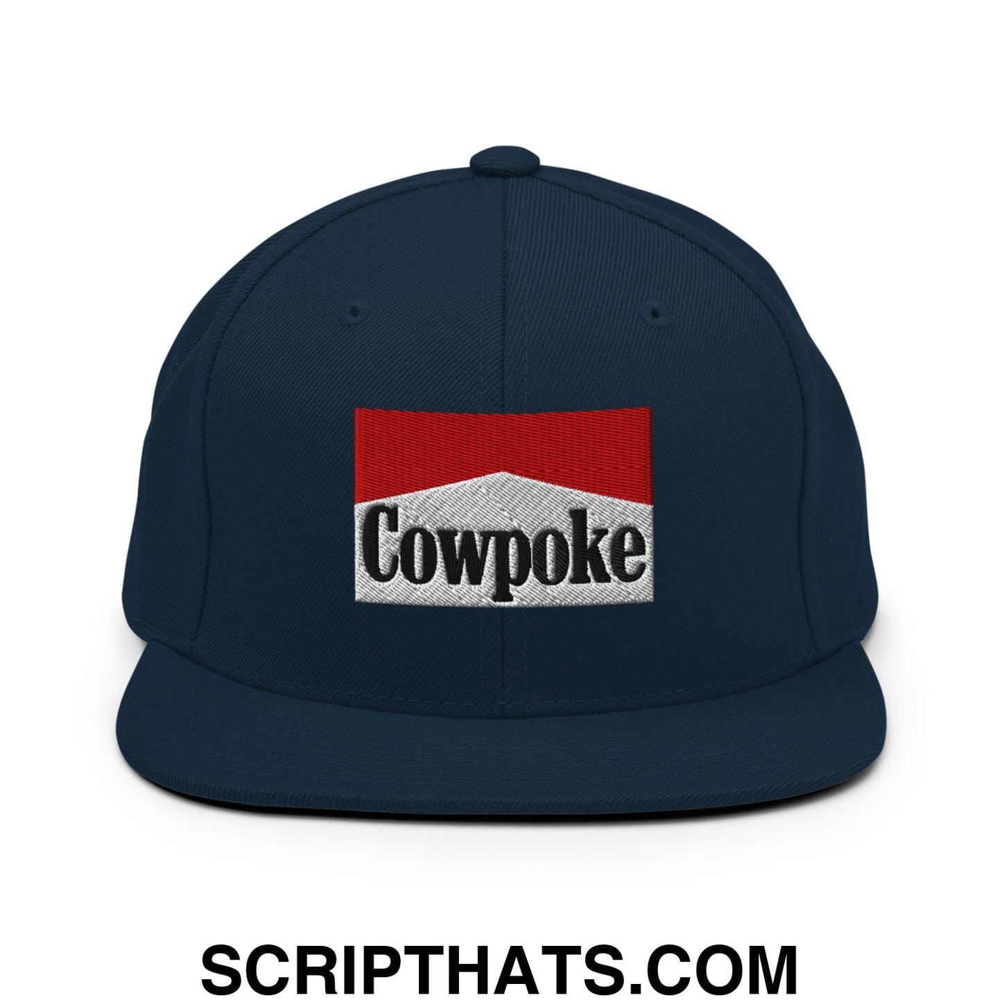 Navy blue snapback hat with embroidered cowpoke logo in red and white inspired by Marlboro design