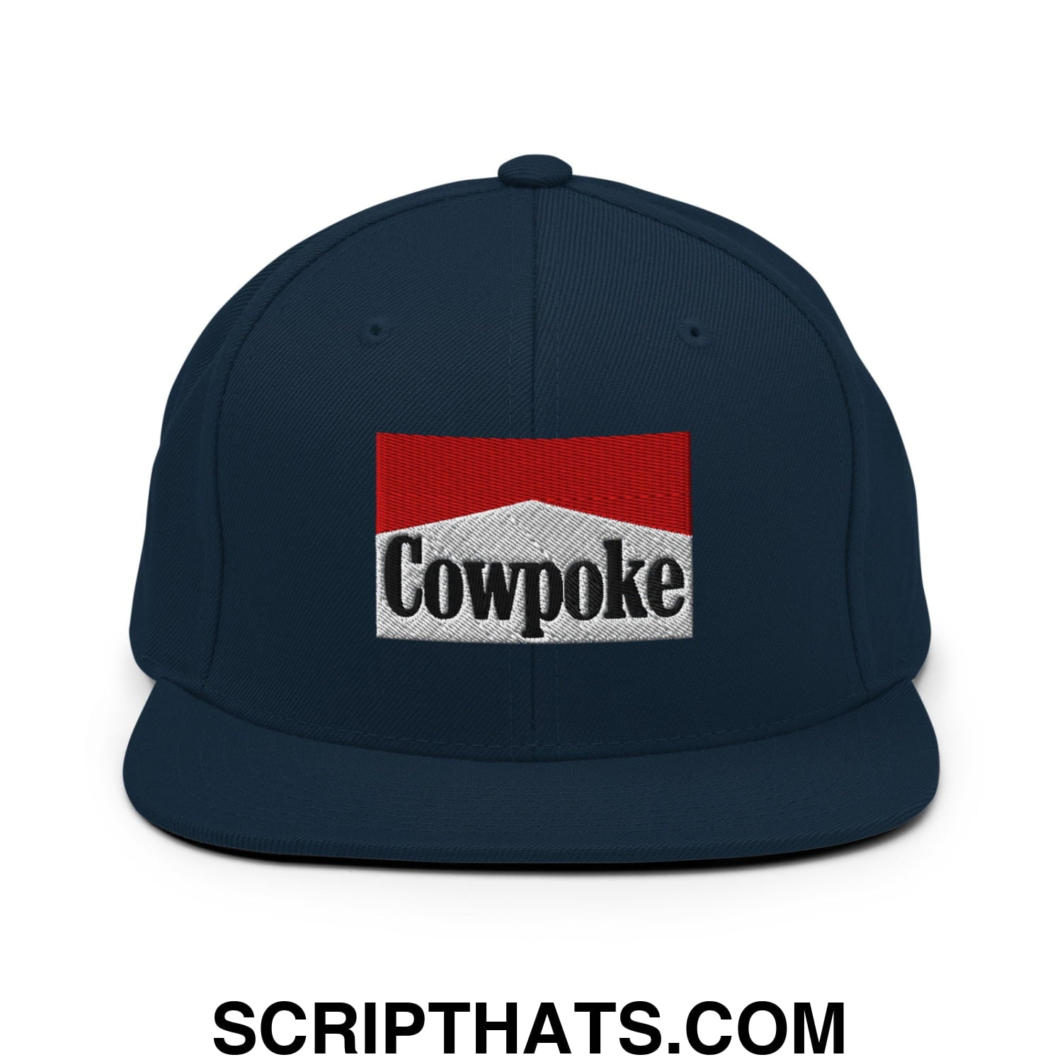 Navy blue snapback hat with embroidered cowpoke logo in red and white inspired by Marlboro design
