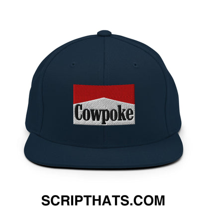 Navy blue snapback hat with embroidered cowpoke logo in red and white inspired by Marlboro design