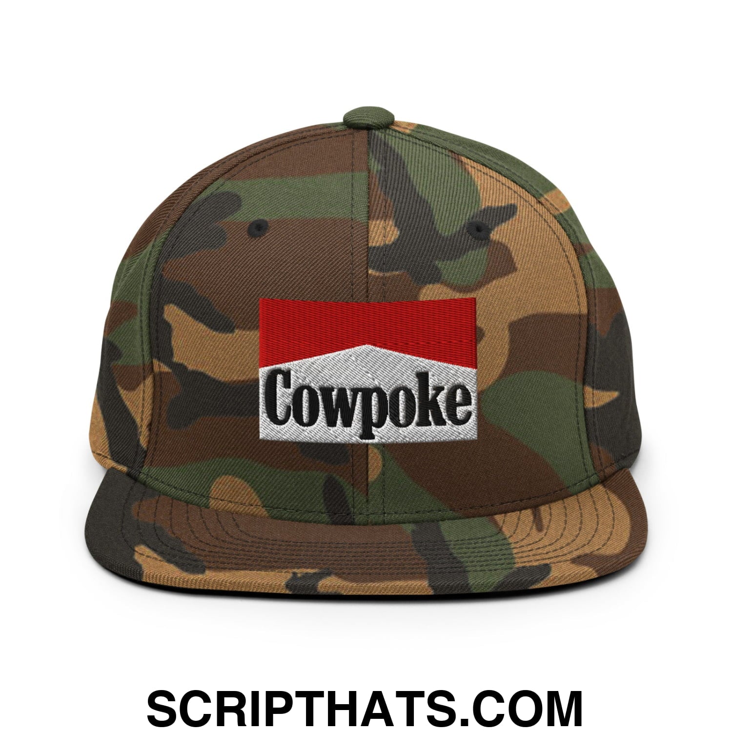 Camouflage snapback cap with red and white embroidered cowpoke logo patch and flat bill brim