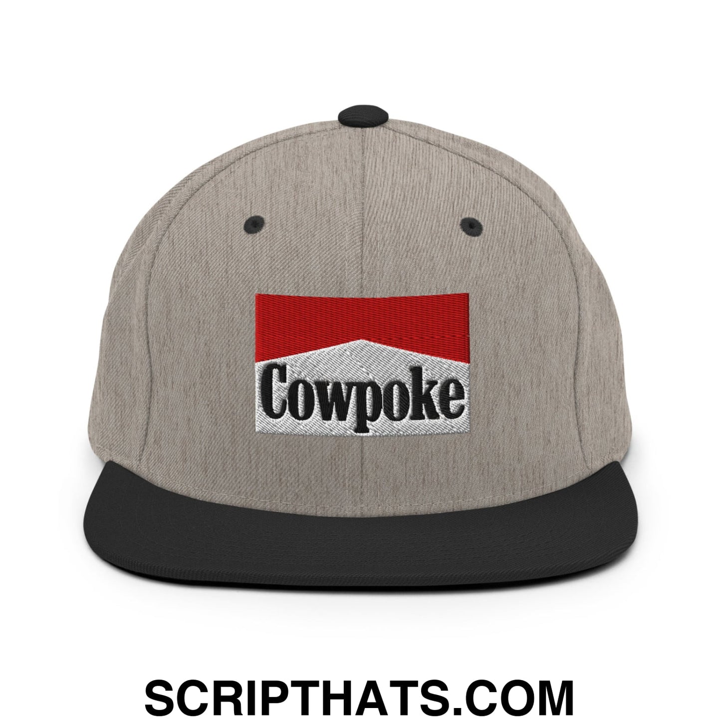 Gray snapback hat with black brim featuring red and white embroidered cowpoke logo on front panel
