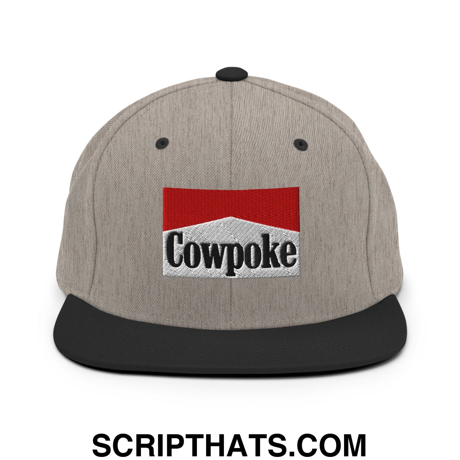 Gray snapback hat with black brim featuring red and white embroidered cowpoke logo on front panel