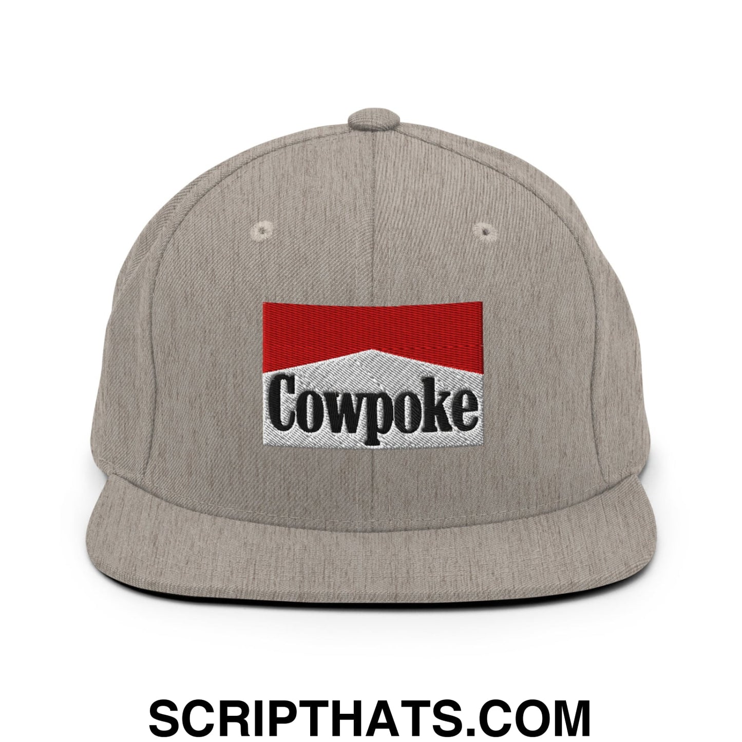 Gray snapback hat with red and white embroidered cowpoke logo and black lettering on a flat bill brim
