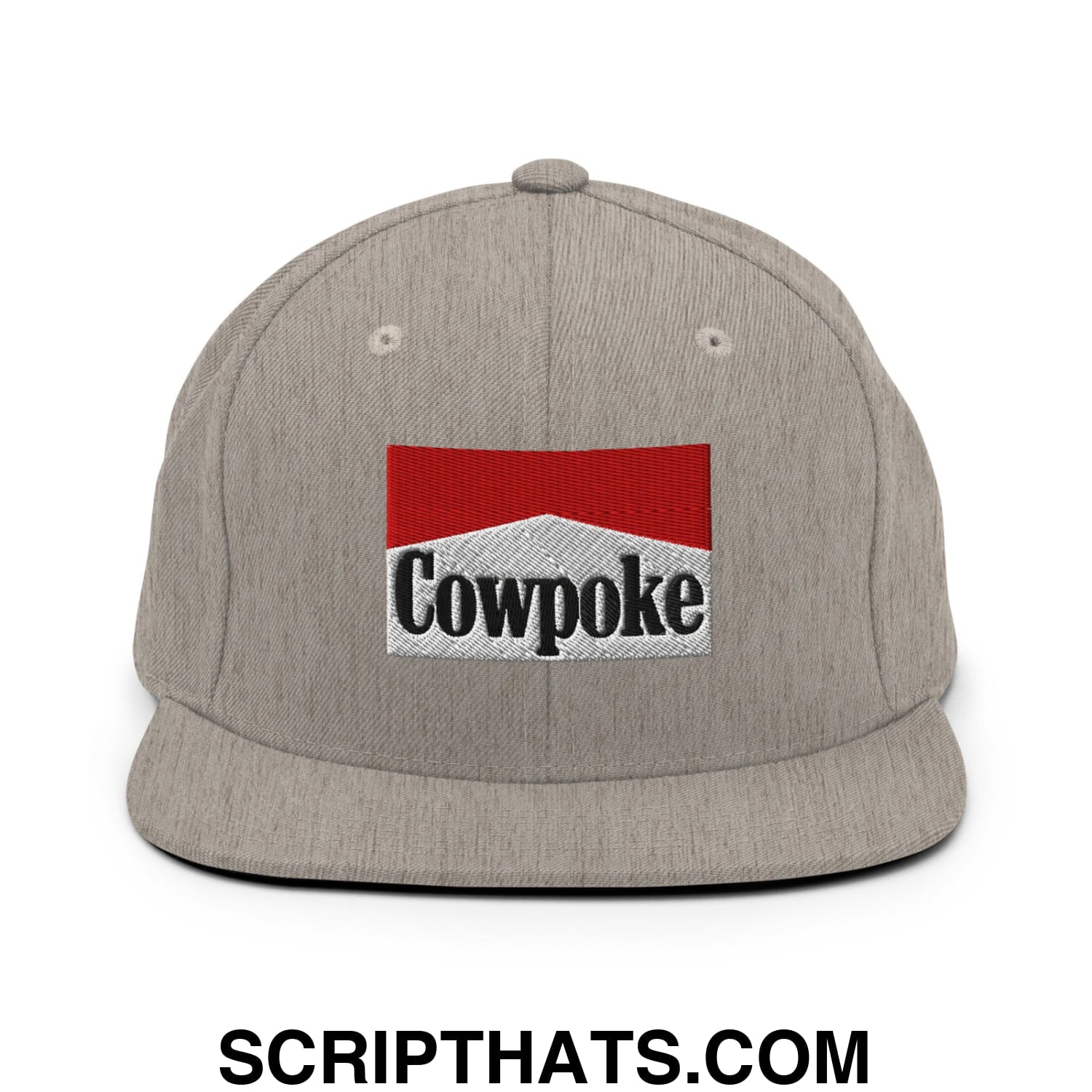 Gray snapback hat with red and white embroidered cowpoke logo and black lettering on a flat bill brim