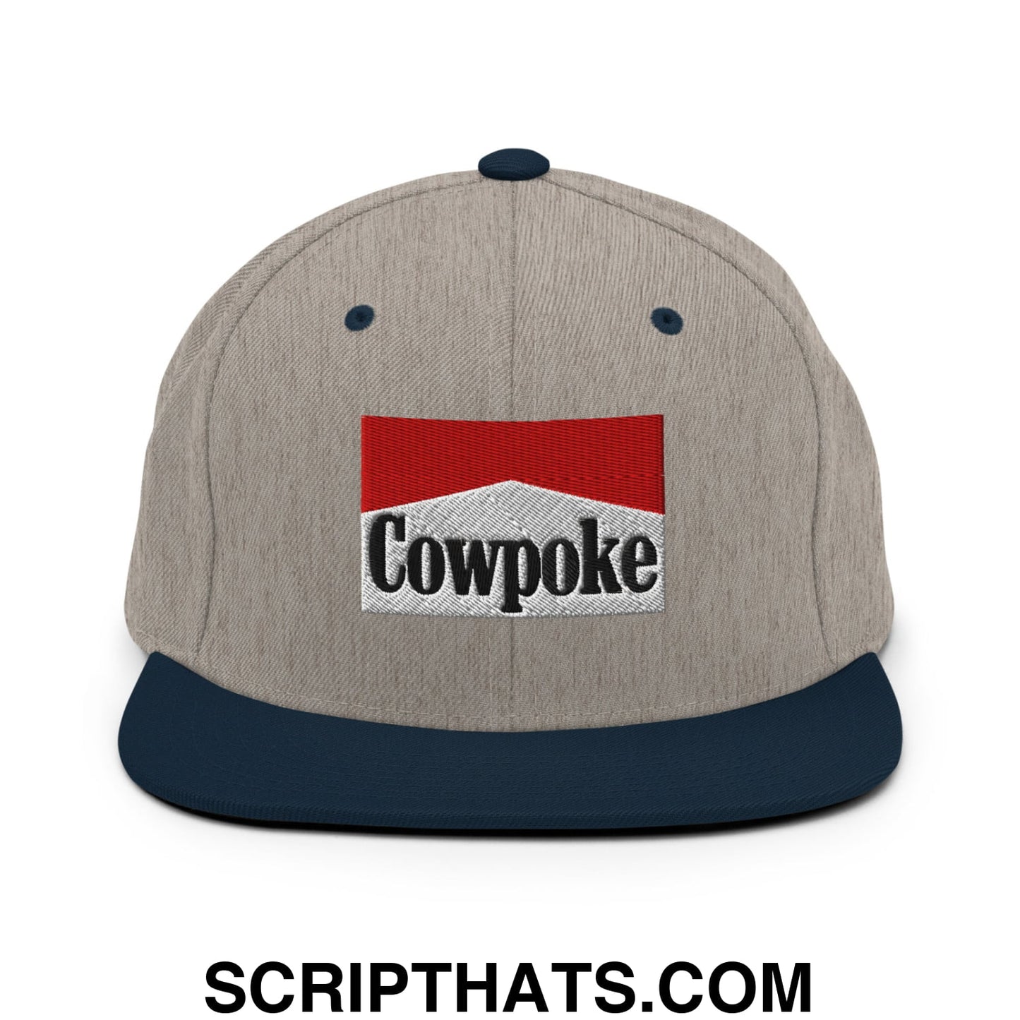 Gray and navy blue snapback hat with flat bill brim featuring an embroidered cowpoke logo in red white and black