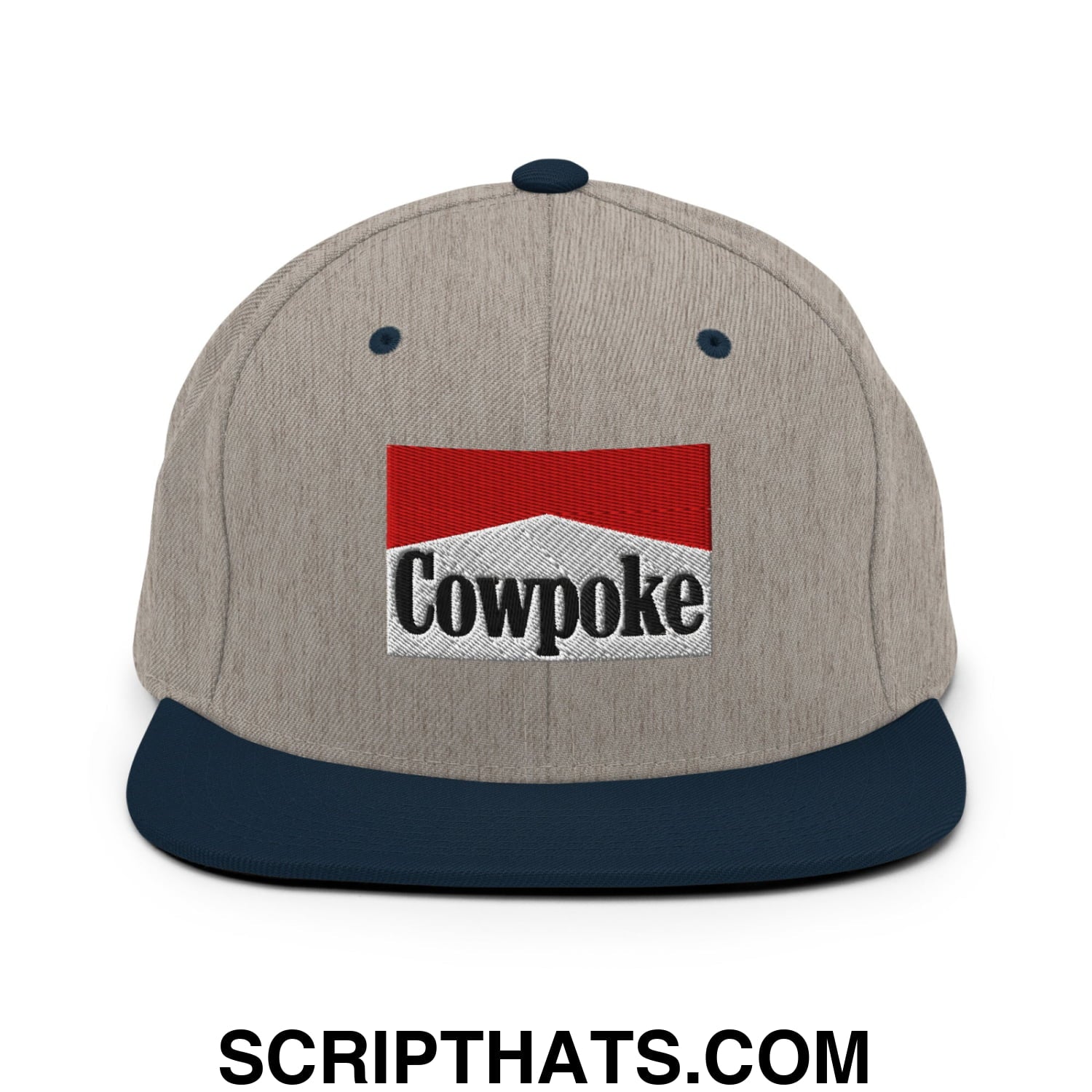 Gray and navy blue snapback hat with flat bill brim featuring an embroidered cowpoke logo in red white and black