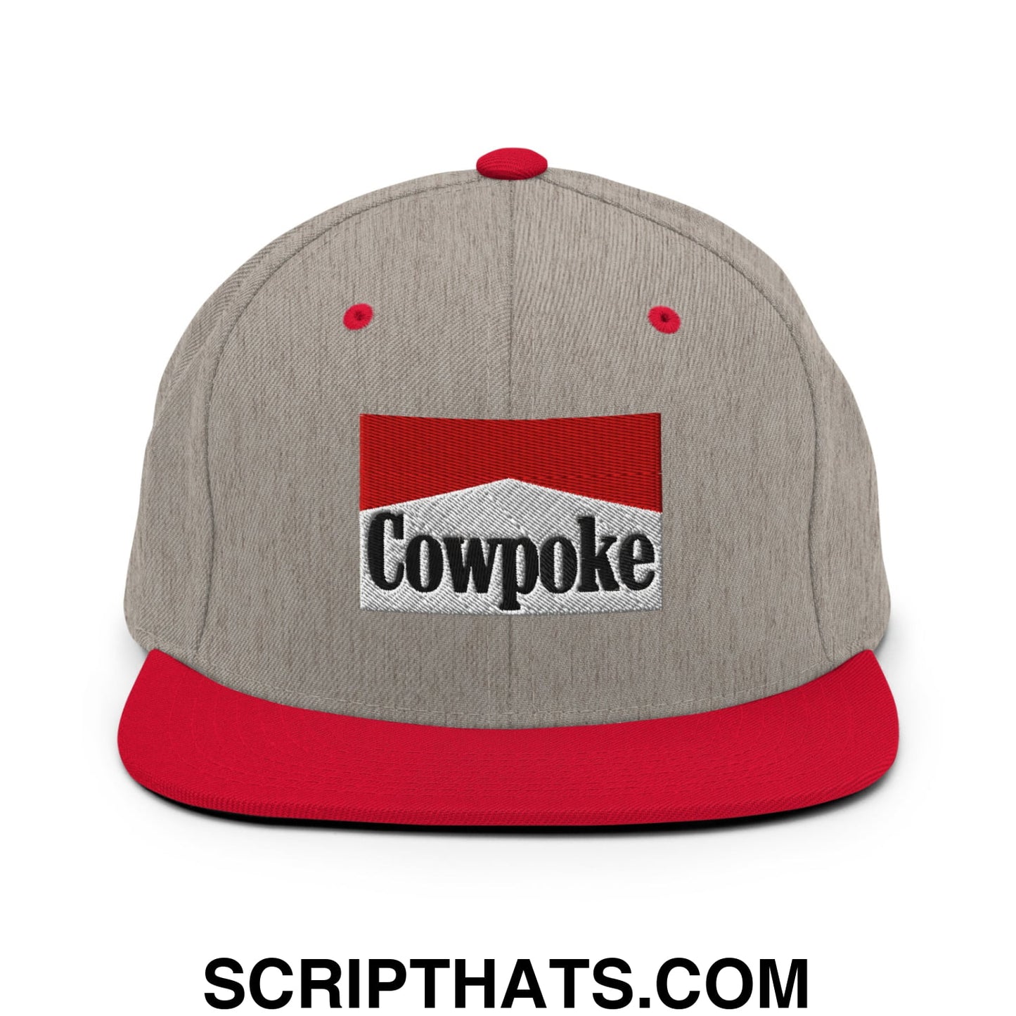 Gray and red snapback cowpoke embroidered flat bill brim hat with black logo on the front