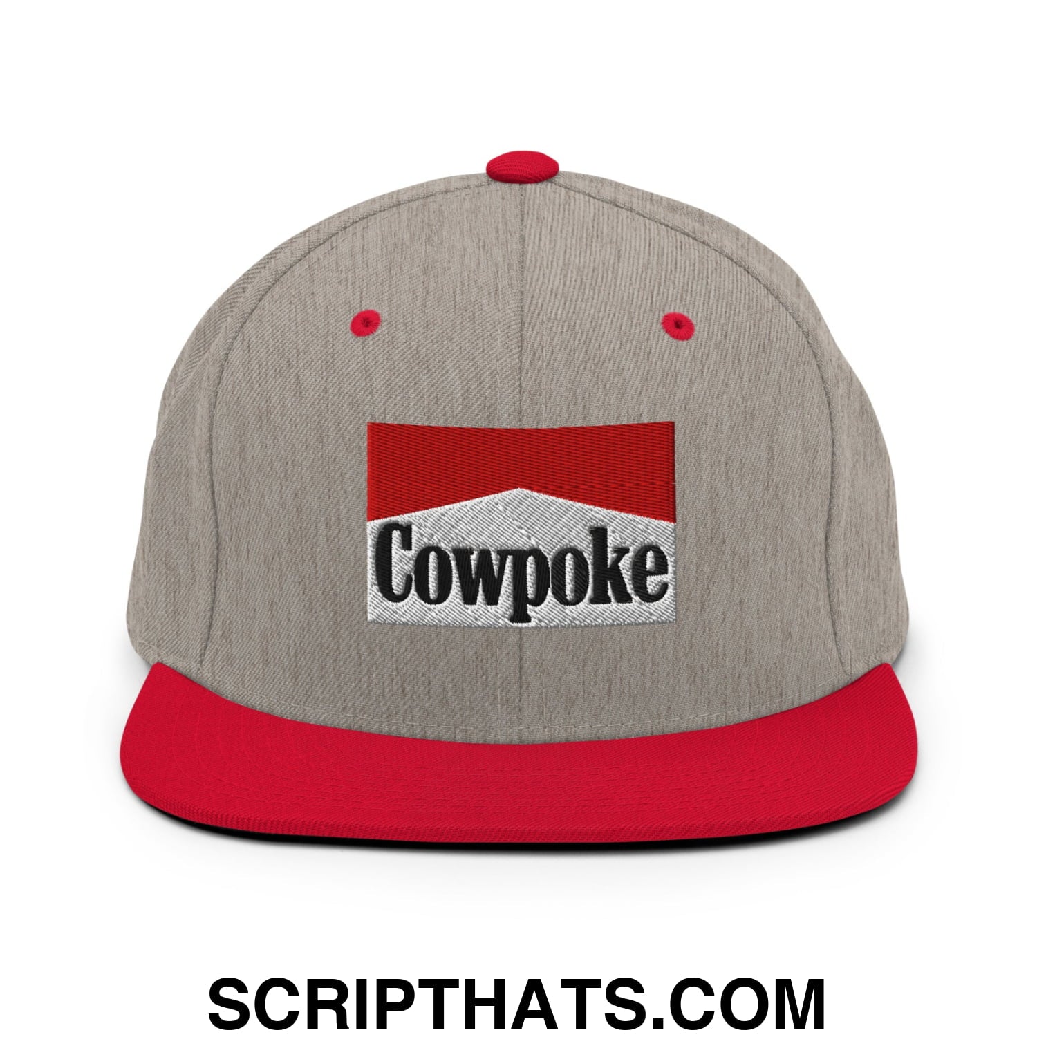 Gray and red snapback cowpoke embroidered flat bill brim hat with black logo on the front