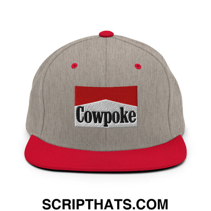 Gray and red snapback cowpoke embroidered flat bill brim hat with black logo on the front