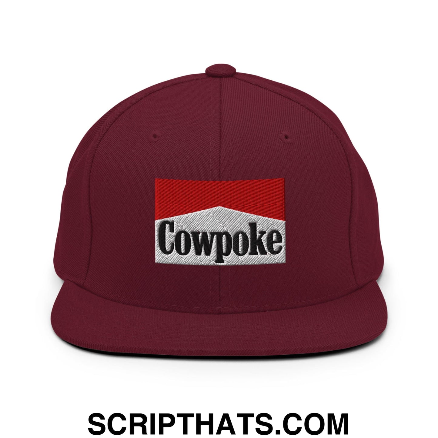 Maroon snapback hat featuring an embroidered cowpoke logo with red and silver design and flat bill brim