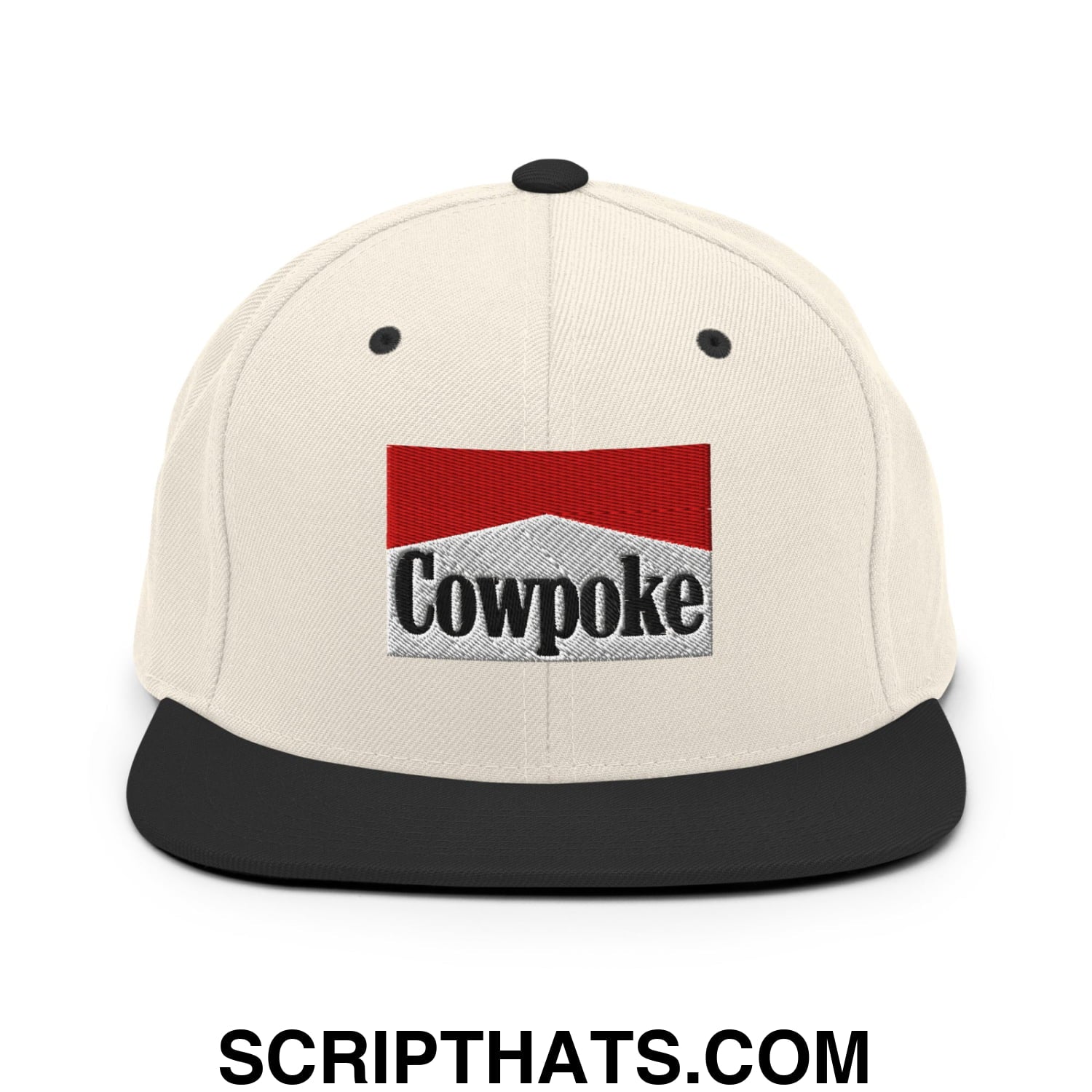 Cream-colored snapback hat with black flat bill brim and embroidered cowpoke logo in red silver and black