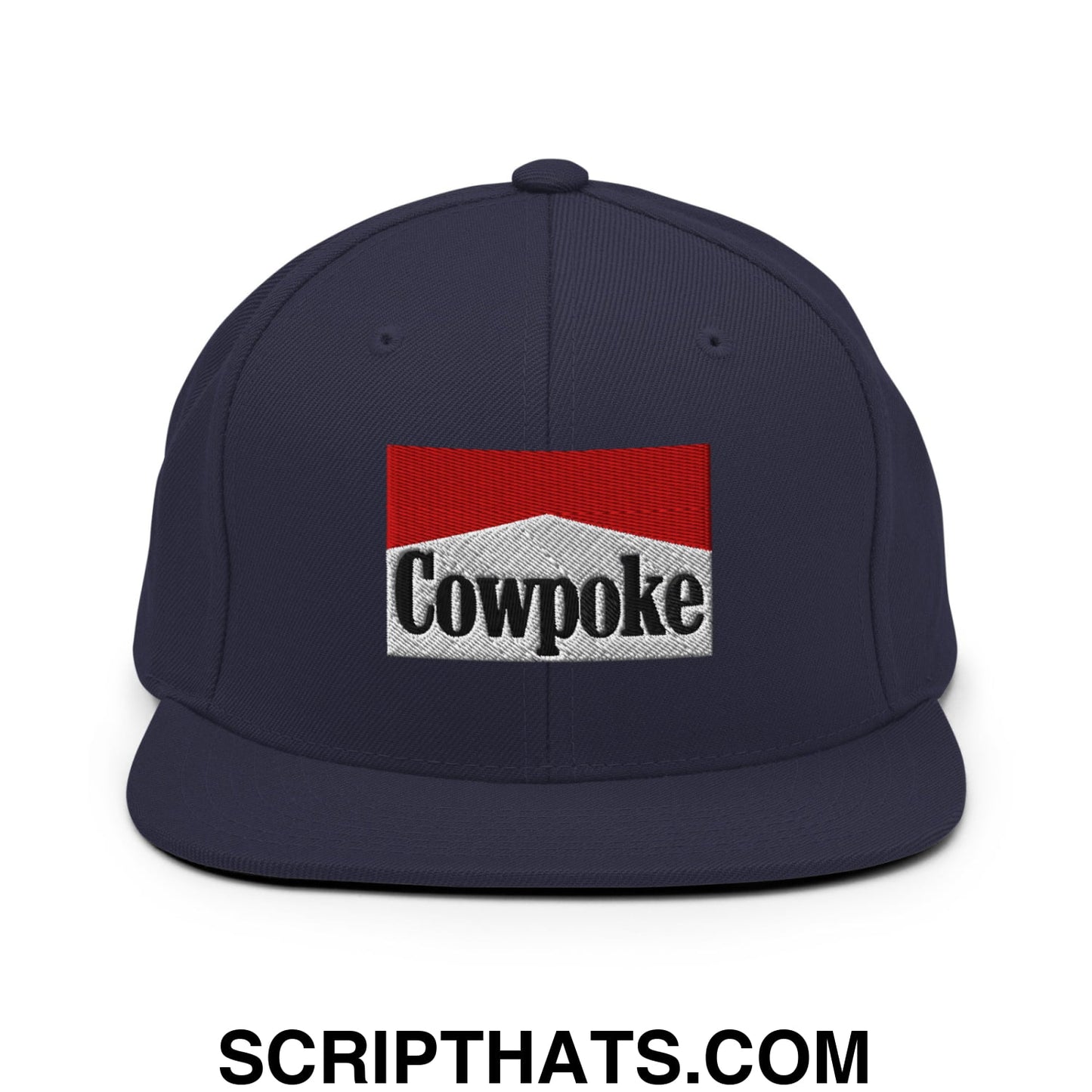 Navy blue snapback hat with flat bill brim featuring red and white embroidered cowpoke logo and black lettering
