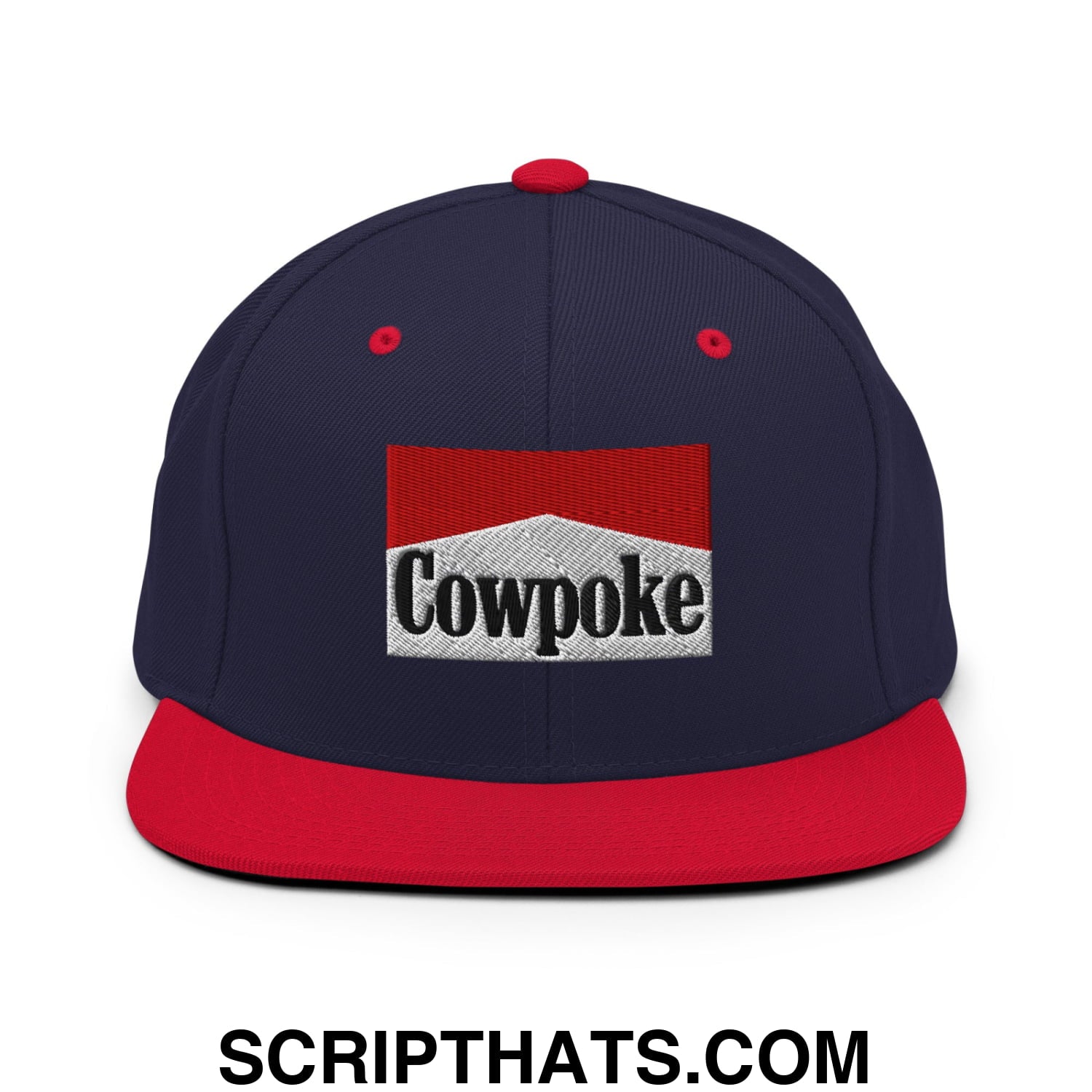 Navy blue and red snapback hat with white embroidered cowpoke logo and flat bill brim for casual wear