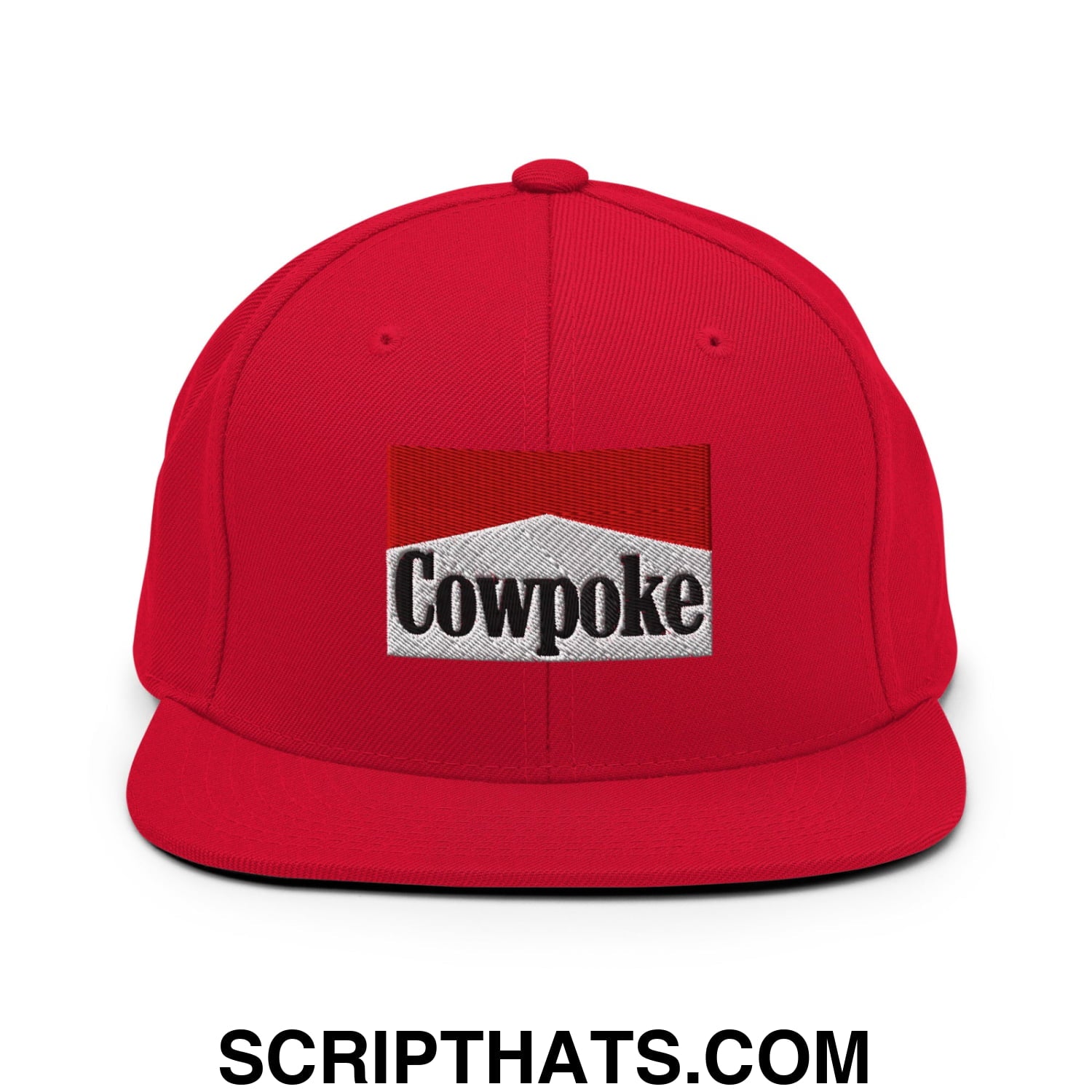 Red snapback cap with a flat bill brim featuring an embroidered cowpoke logo in silver and red design