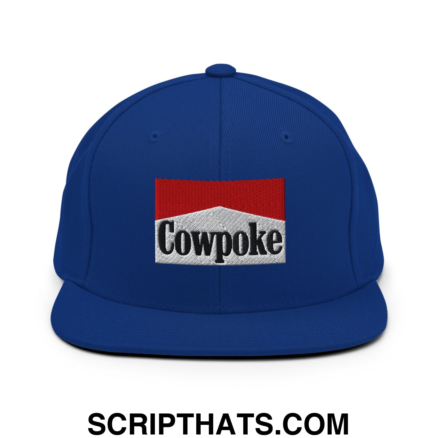 Royal blue snapback hat with flat bill featuring embroidered cowpoke logo in red and white marlboro style design