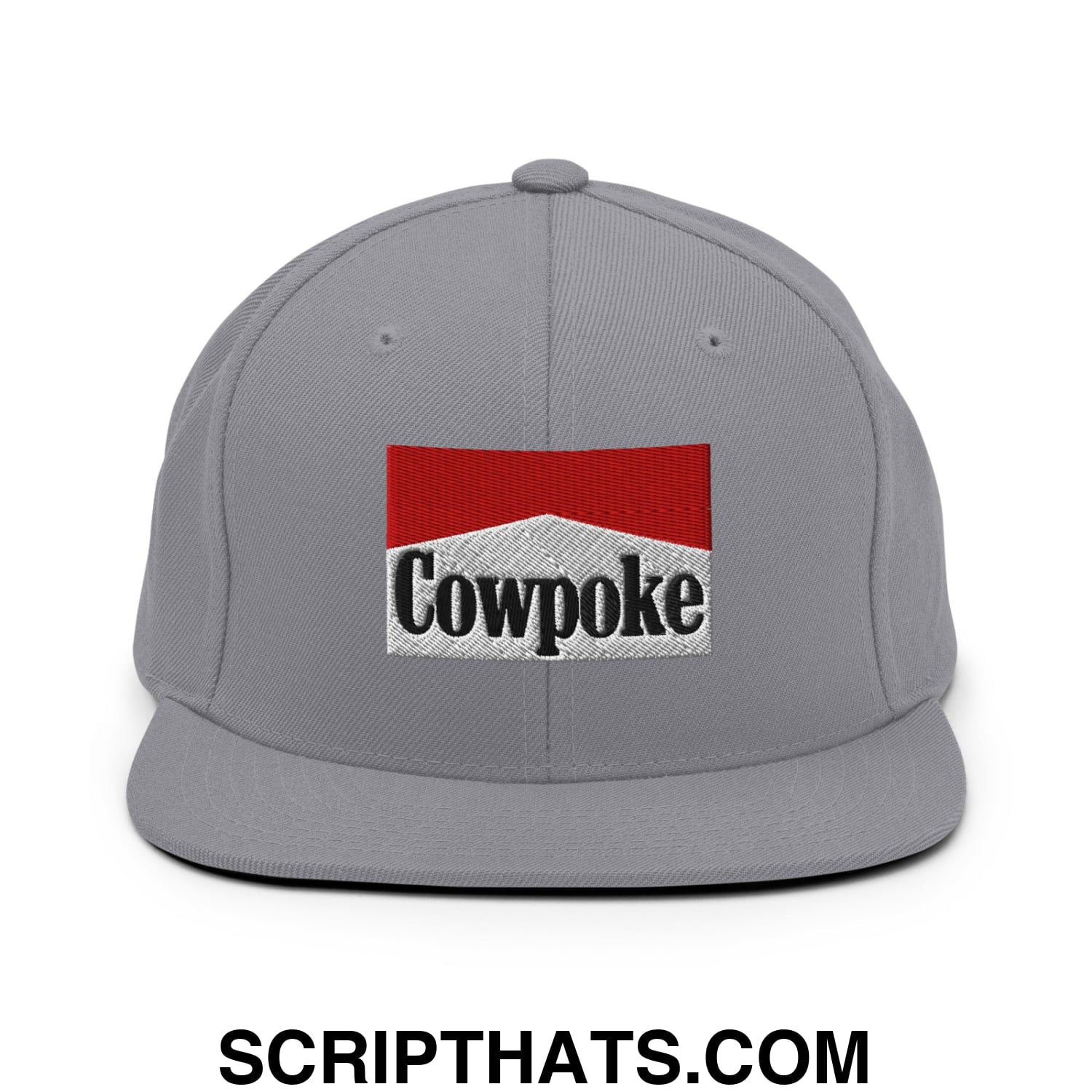 Gray snapback hat with a flat bill brim featuring a red and white embroidered cowpoke logo with black lettering