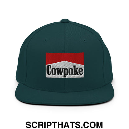 Dark green snapback hat with embroidered red and white cowpoke logo inspired by marlboro design and flat bill brim