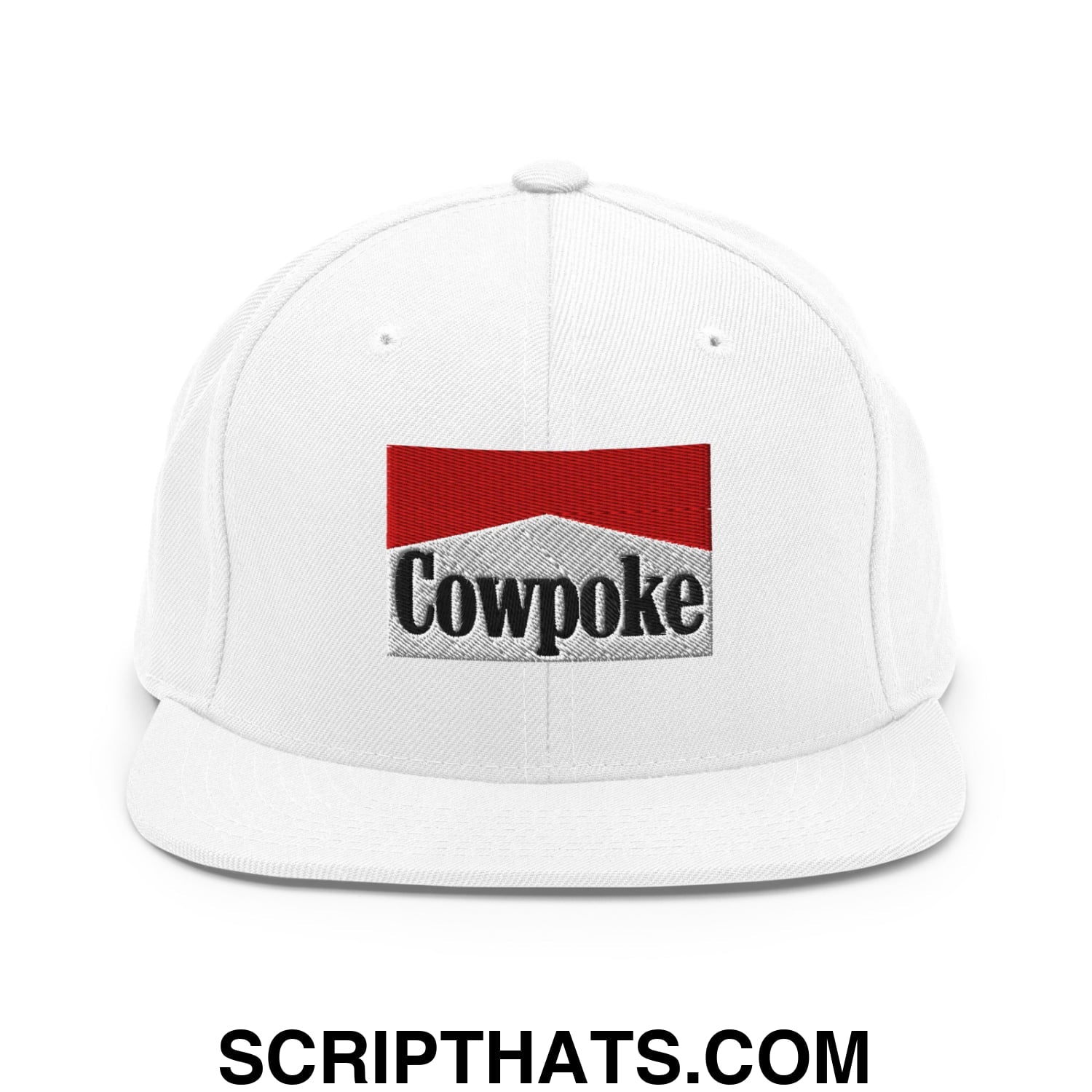 White snapback cap with embroidered cowpoke logo in red and silver flat bill brim style resembling Marlboro design