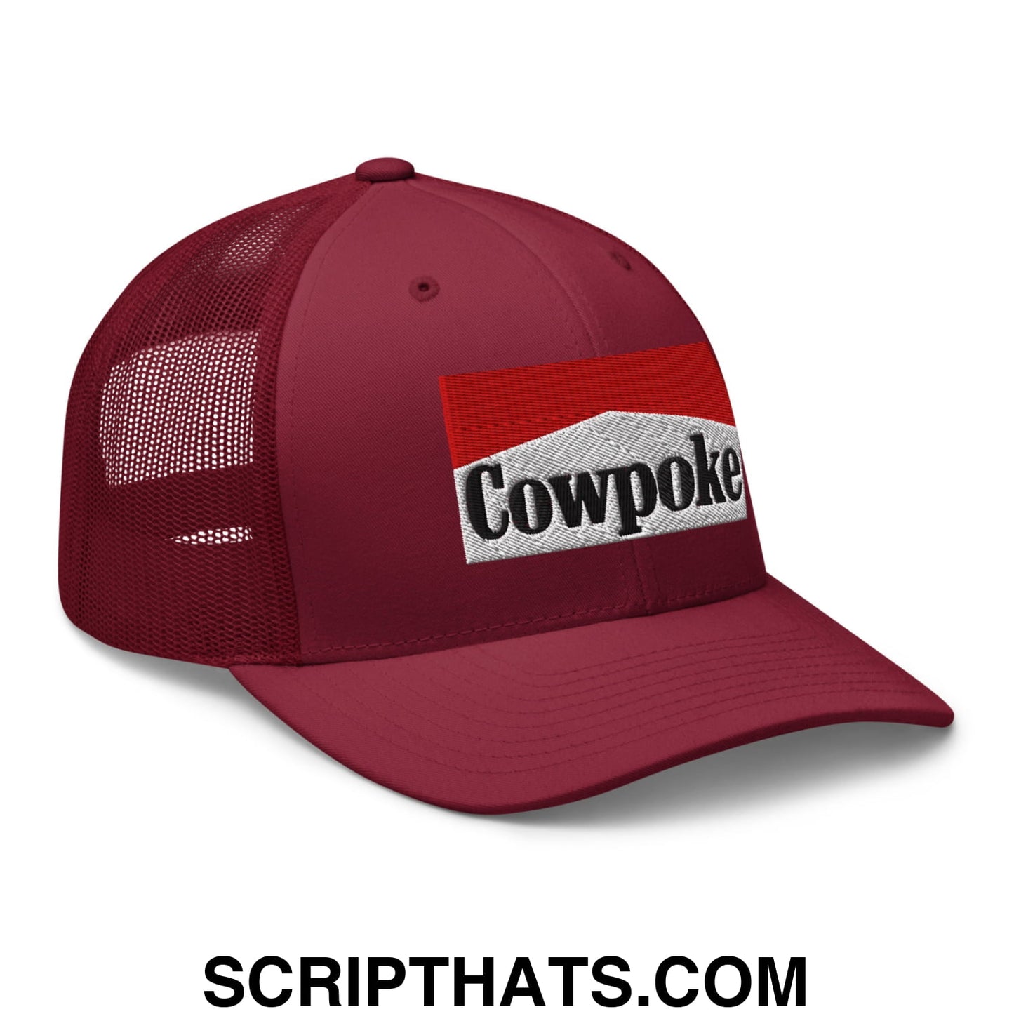 Maroon mesh trucker hat with a red and white embroidered cowpoke logo on the front panel