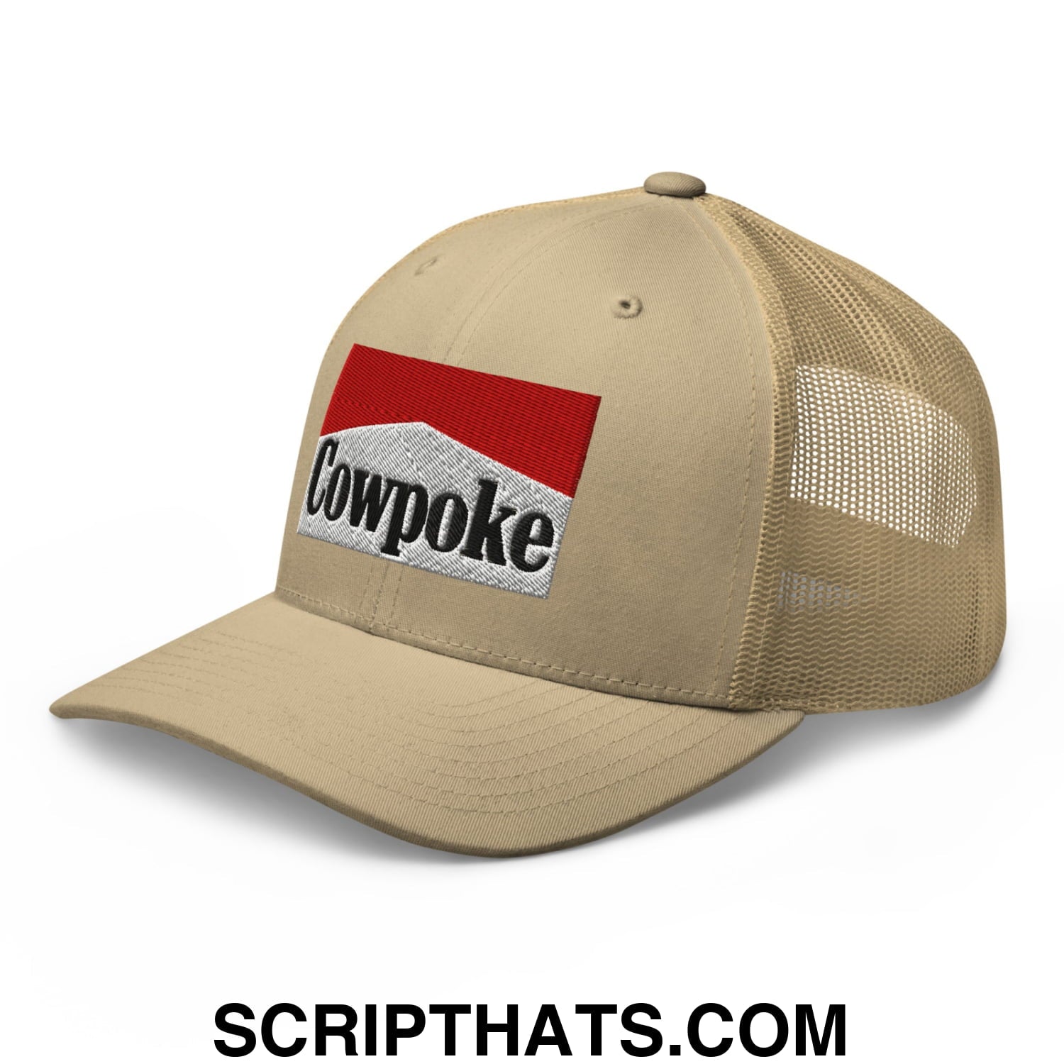 Beige mesh trucker hat with red and white embroidered cowpoke logo on the front in a casual style